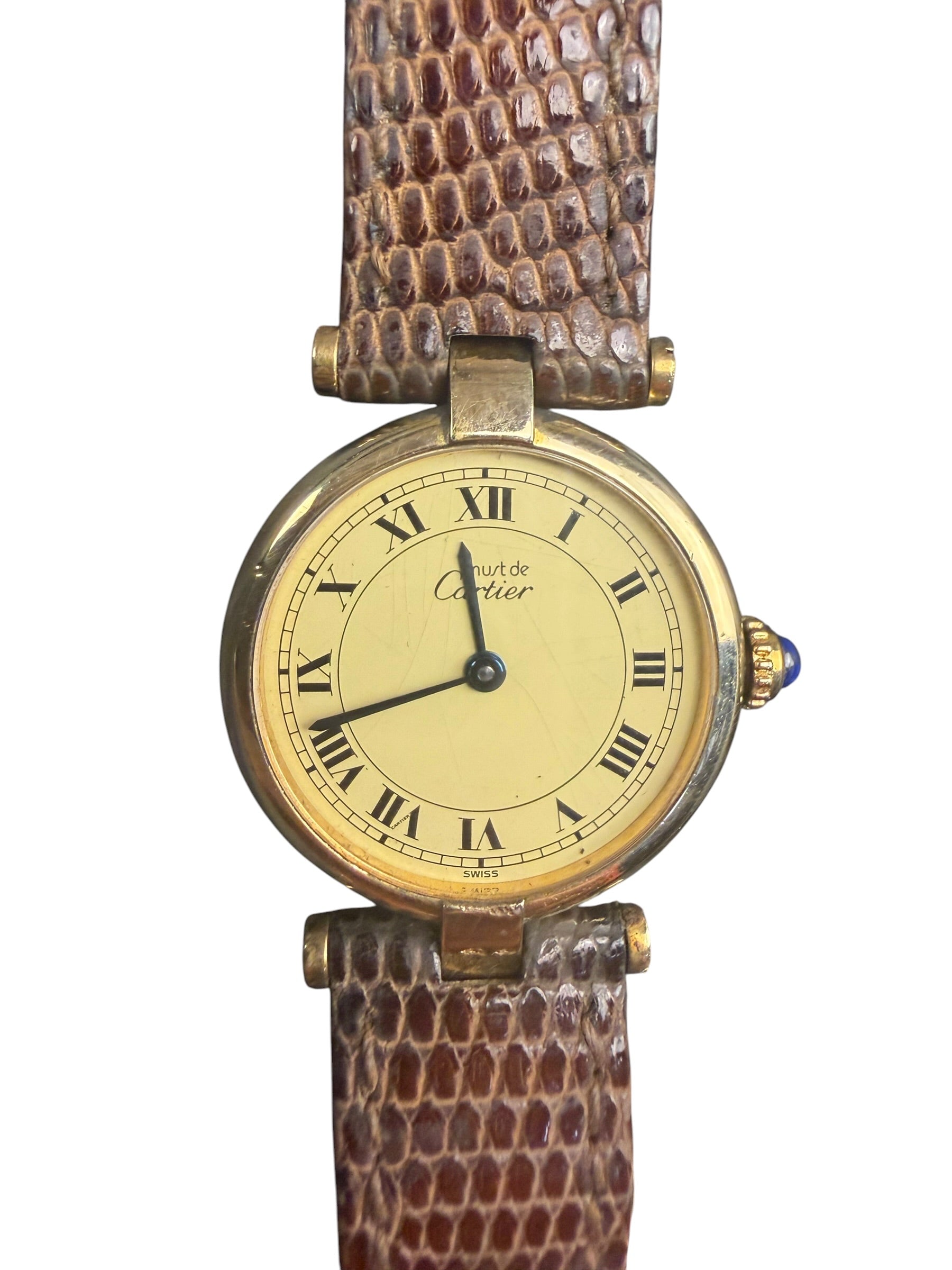 Cartier Must De Vendome Vermeil Cream Roman Dial Brown Lizard Strap