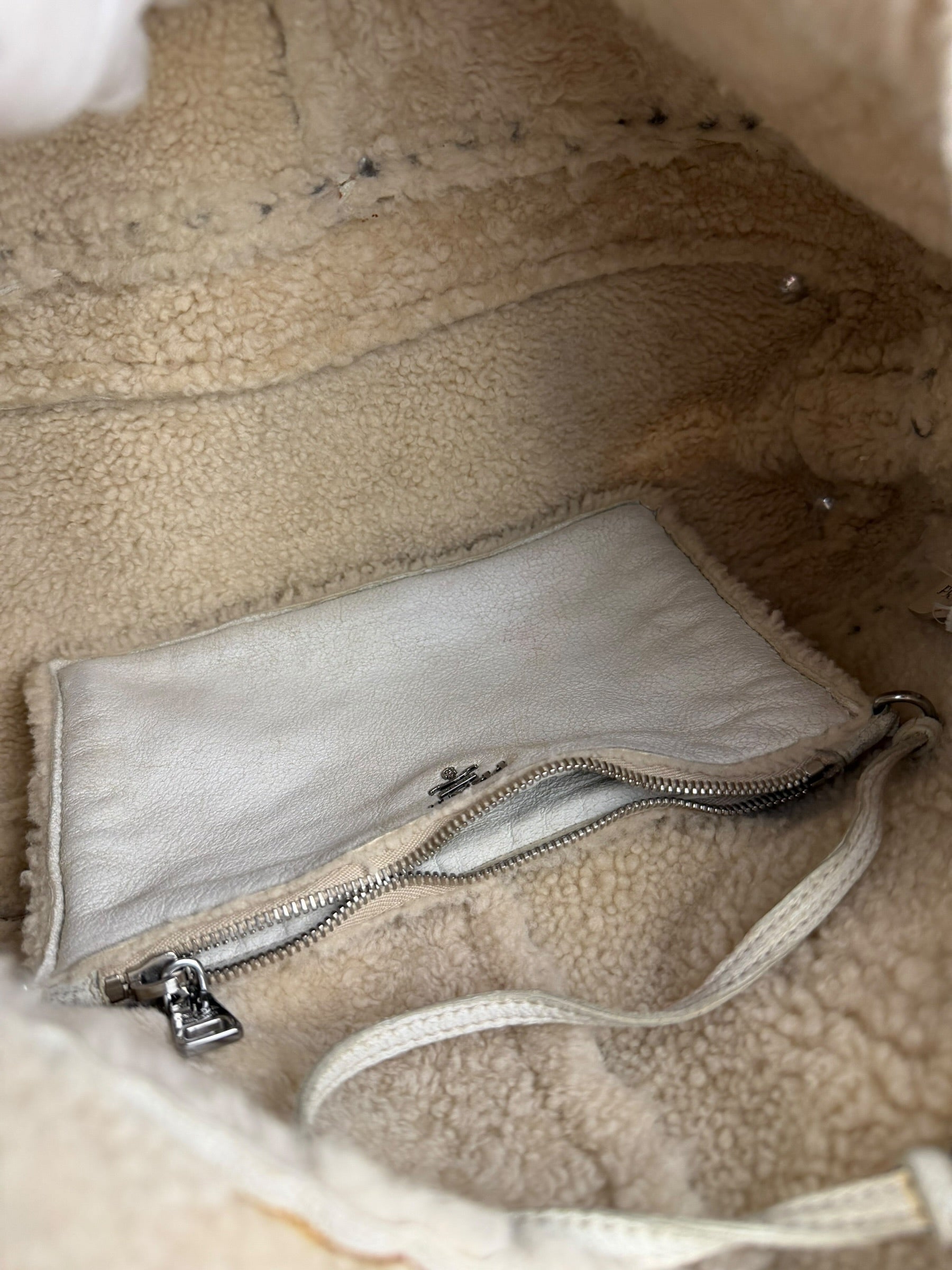 Prada Vintage White Studded Leather Shearling Bowler 2Way Bag