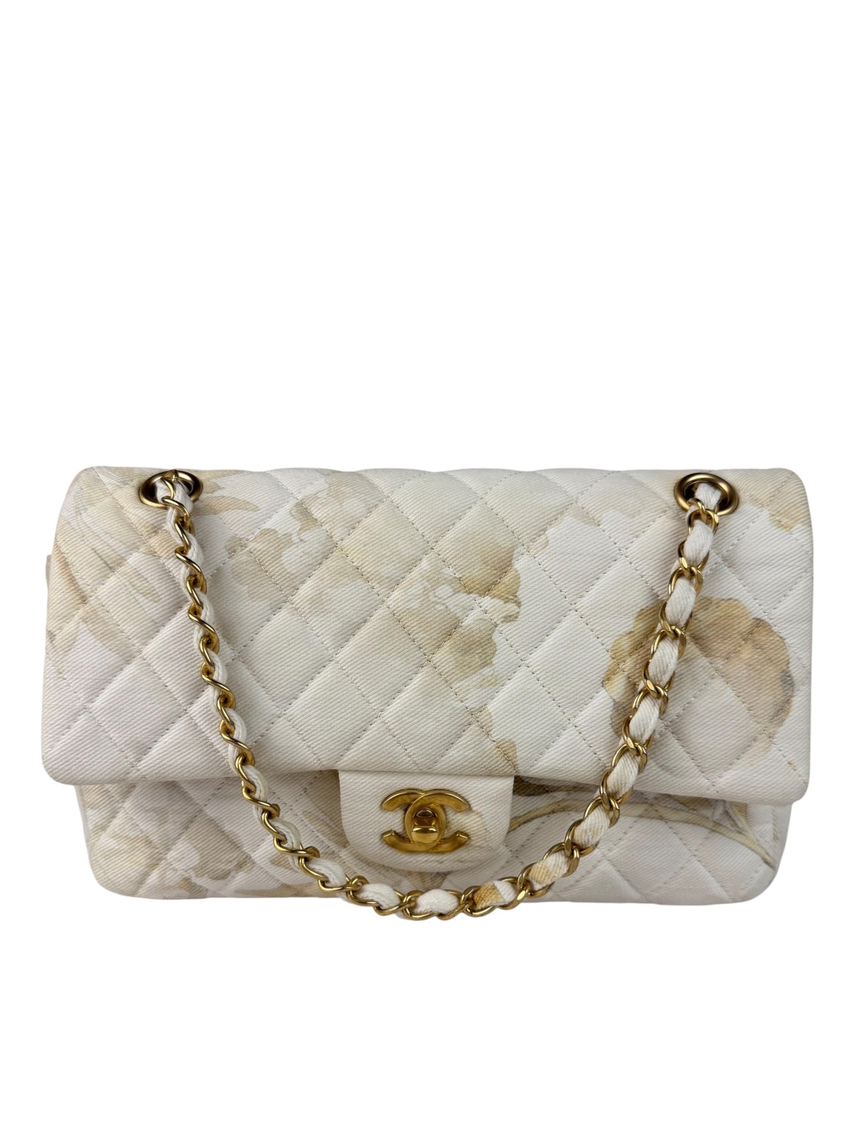 Chanel White Denim/Leather Trim Greek Collection Flower Double Flap Bag 2018