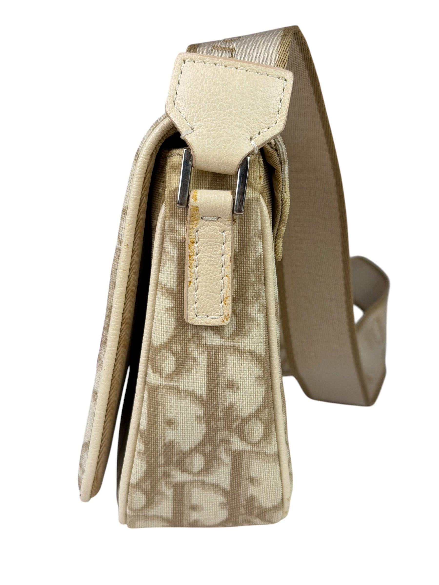 Christian Dior Beige Leather Trim Trotter Floral Embroidered Flap Bag