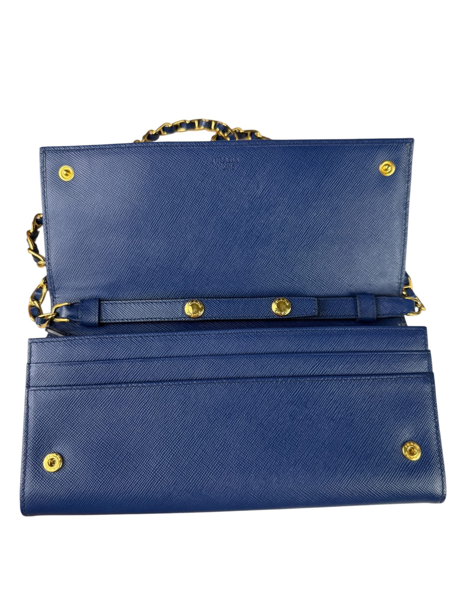 Prada Blue Saffiano Leather Fire Flap Wallet On Chain