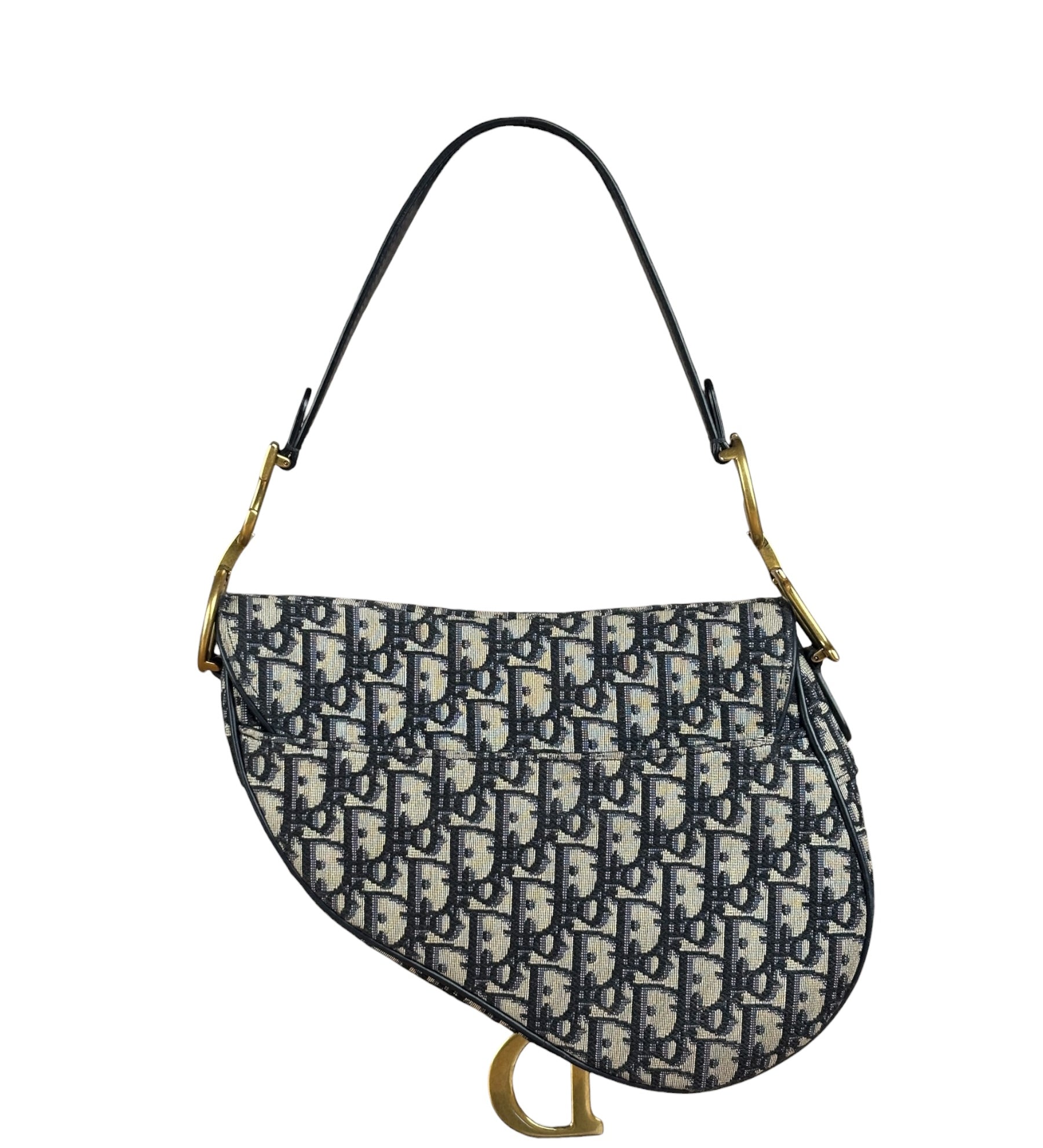 Christian Dior Navy Leather Trim Trotter Saddle Two-Way Bag