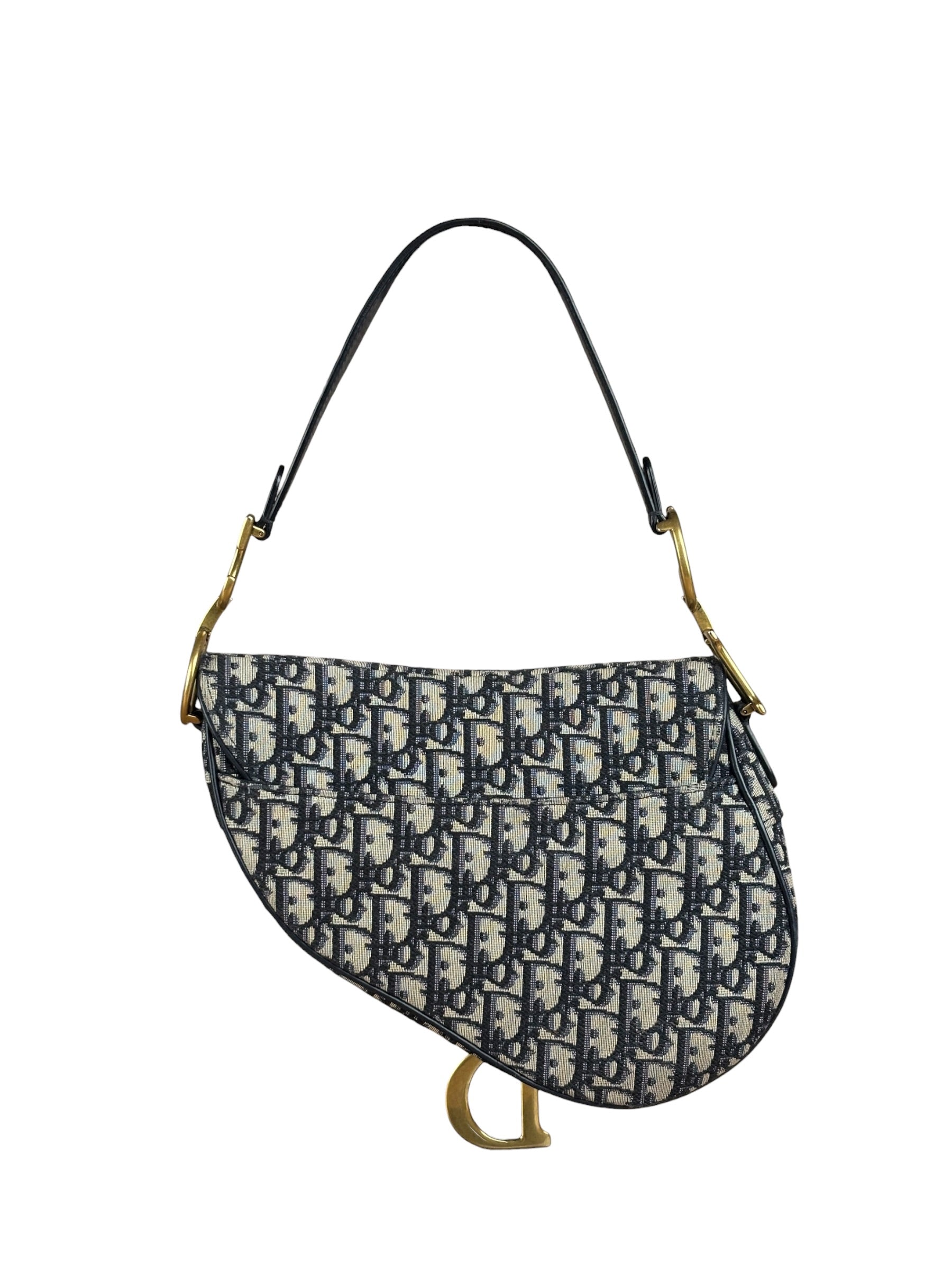 Christian Dior Navy Leather Trim Trotter Saddle Two-Way Bag
