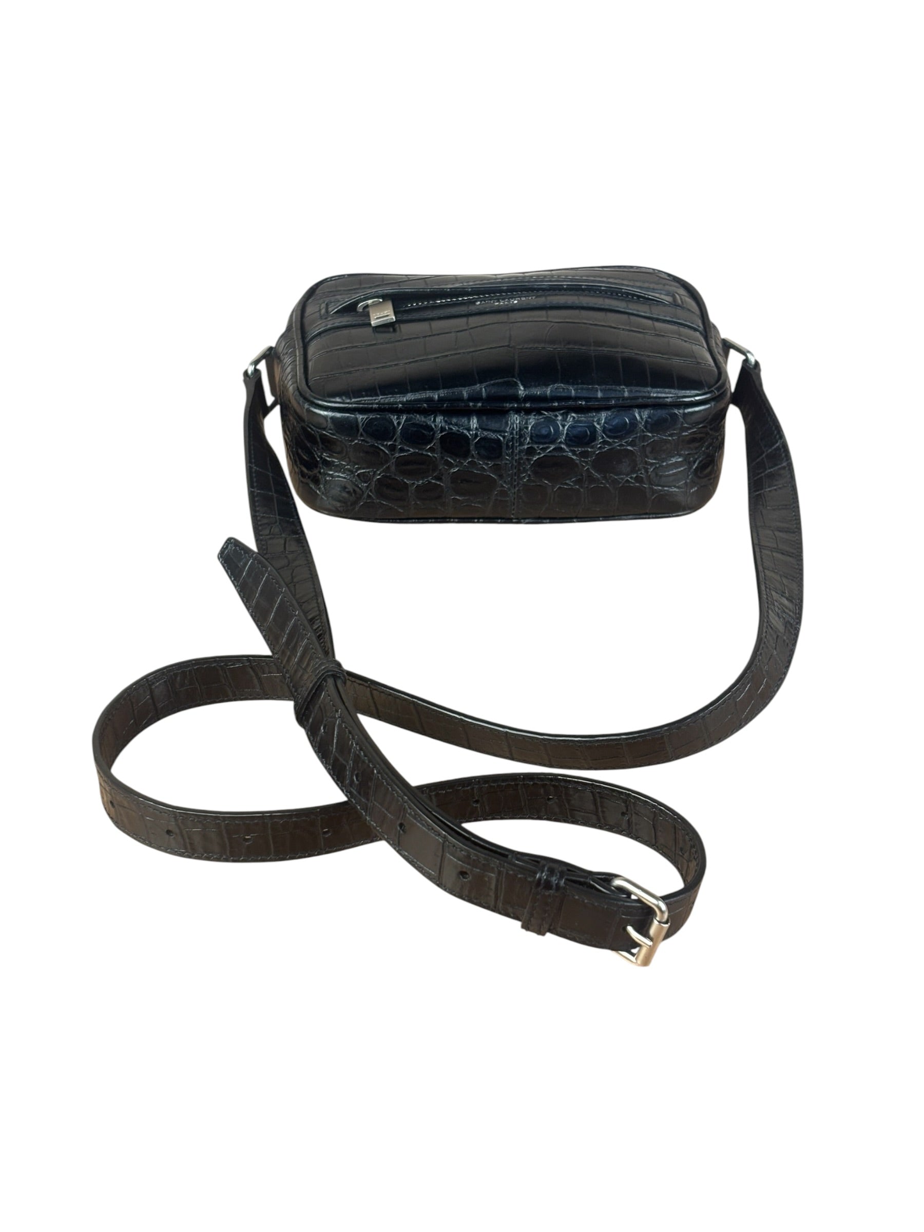 Saint Laurent Crocodile Embossed Leather Camera Bag Black