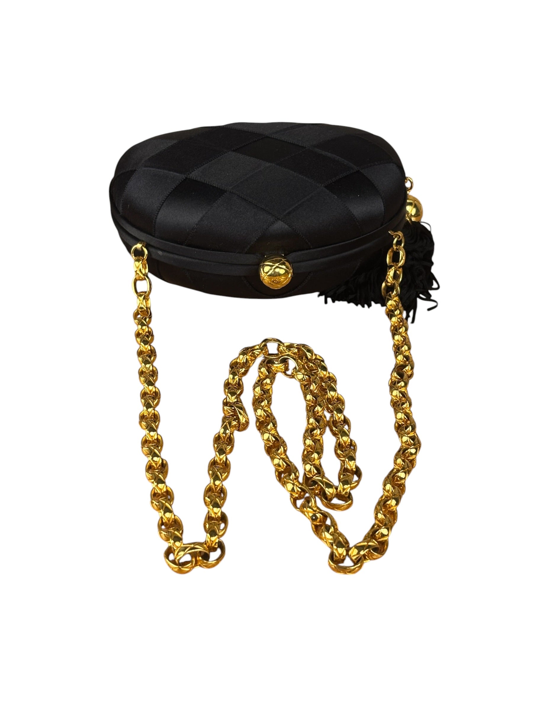 Chanel Black Satin Quilted Chain Clutch 2019
