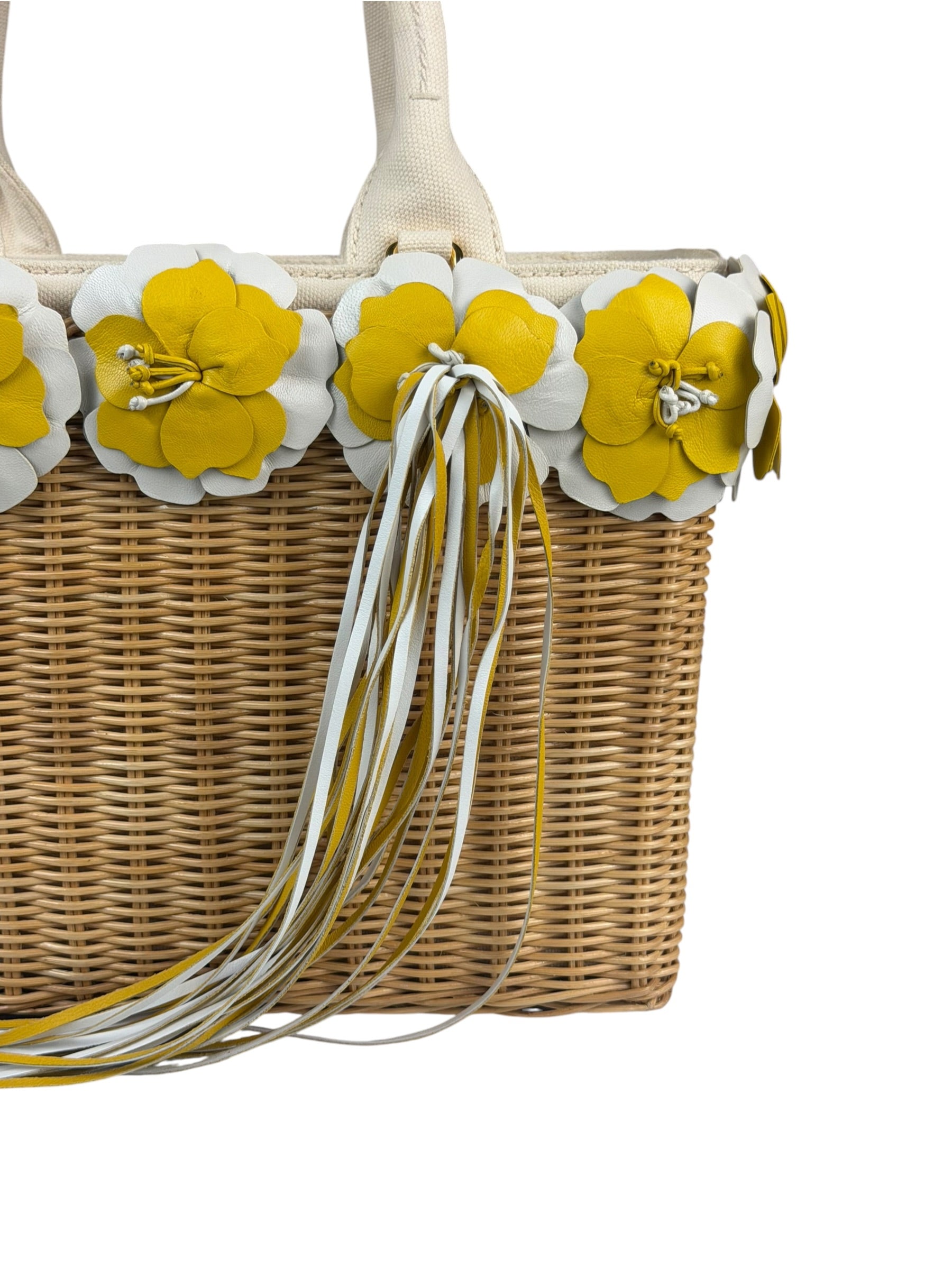 Prada Midollino Leather Trim Wicker Canvas Flower Basket