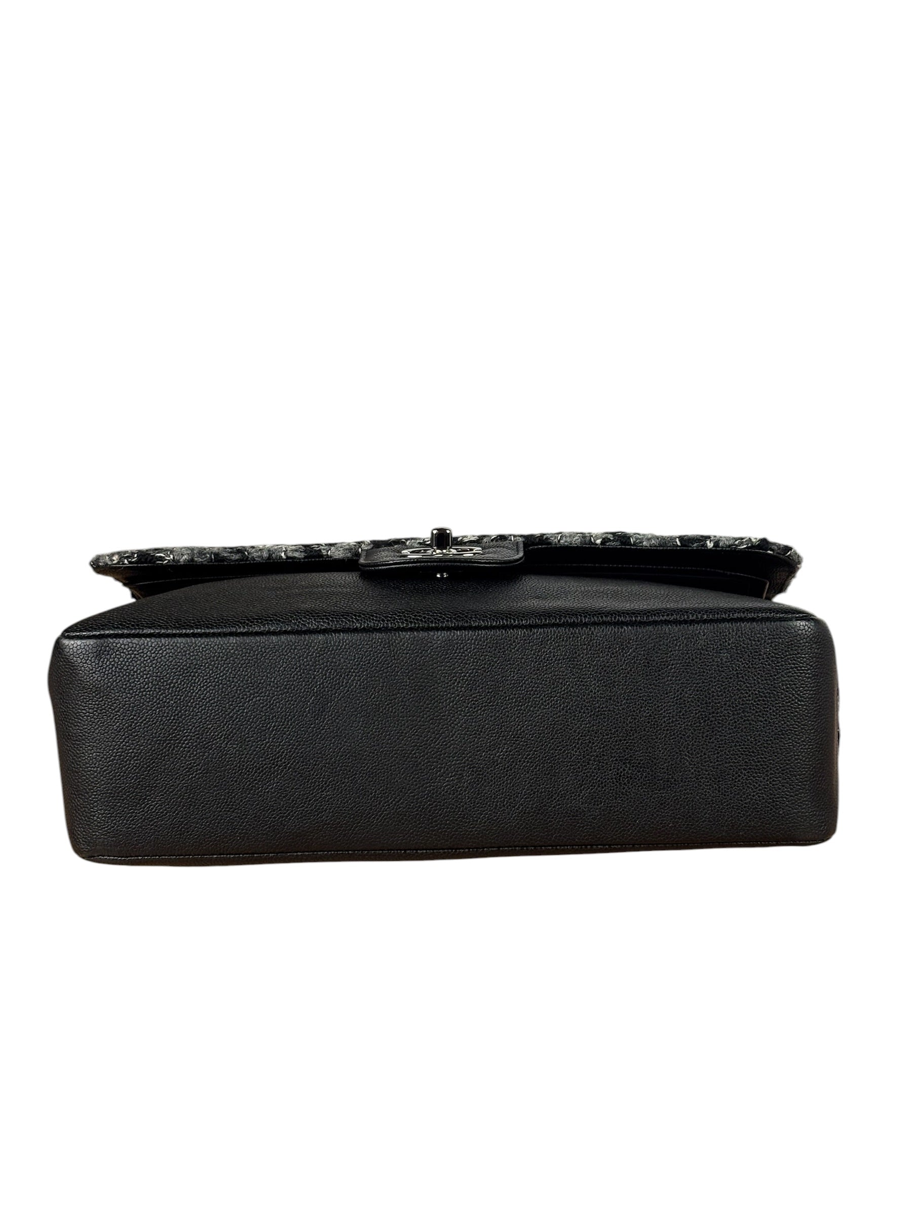 Chanel Black Tweed/Caviar Leather Houndstooth Double Flap Bag 2017