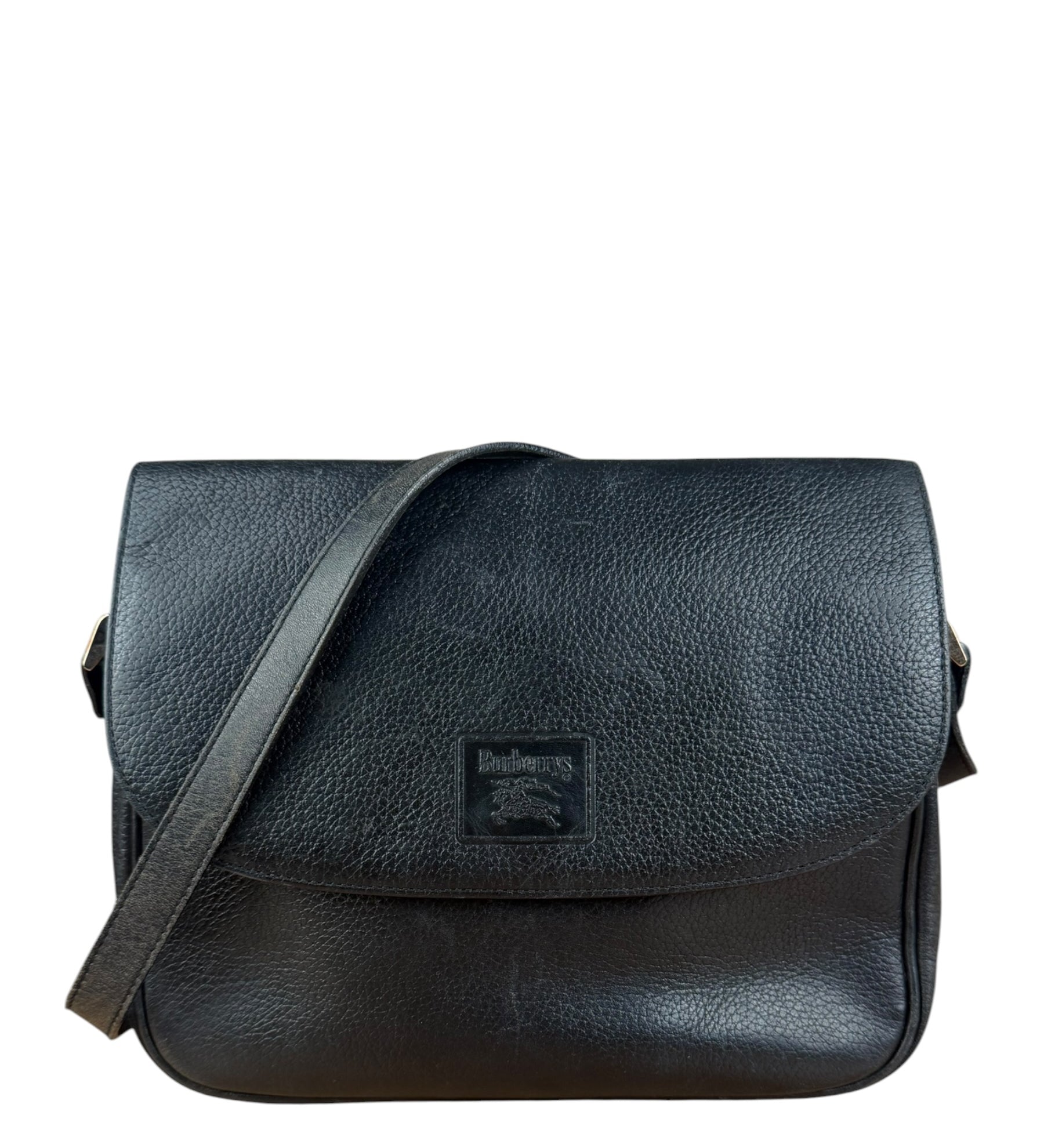 Burberry Vintage Black Pebbled Leather Crossbody Flap Bag