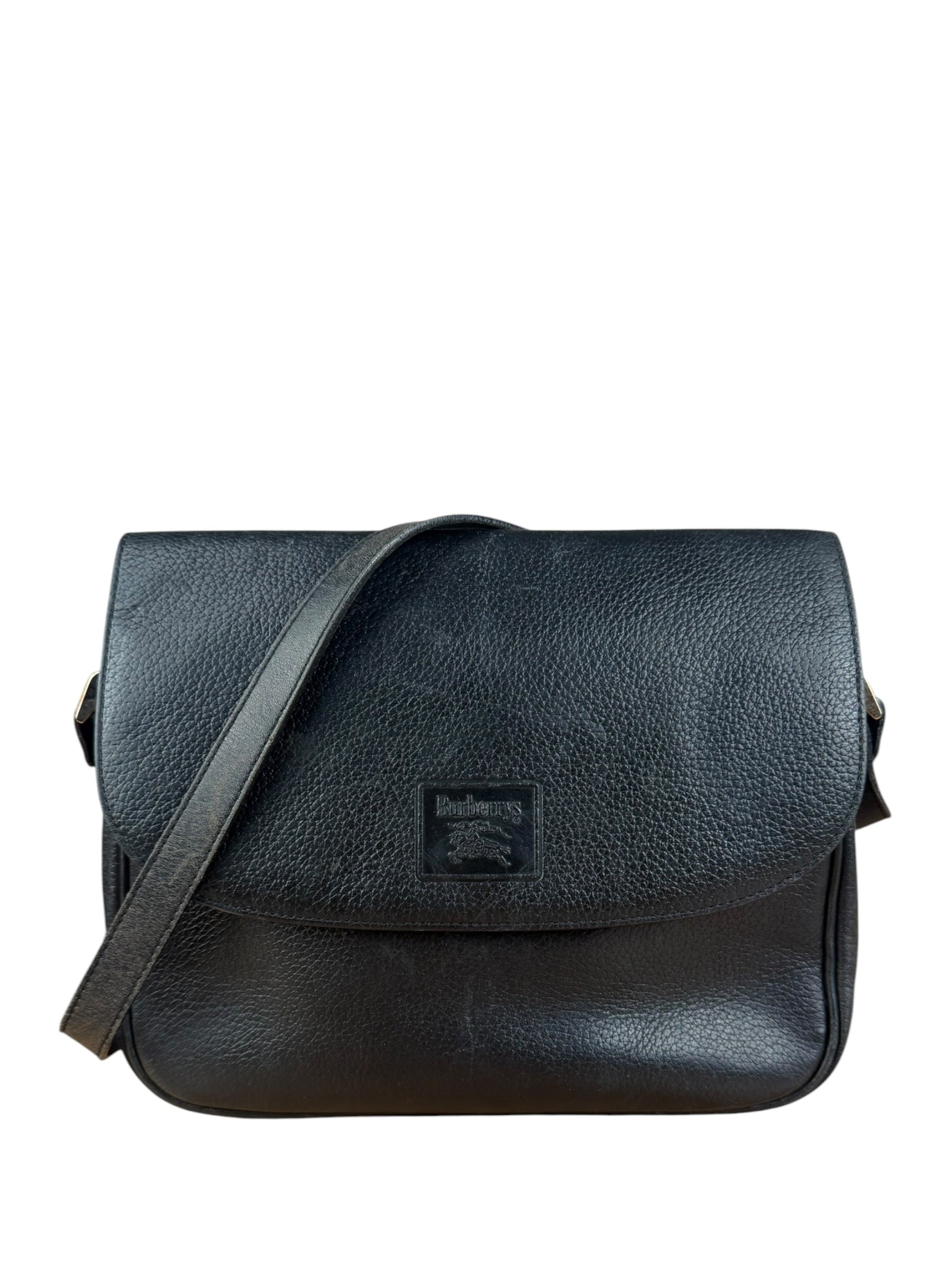 Burberry Vintage Black Pebbled Leather Crossbody Flap Bag