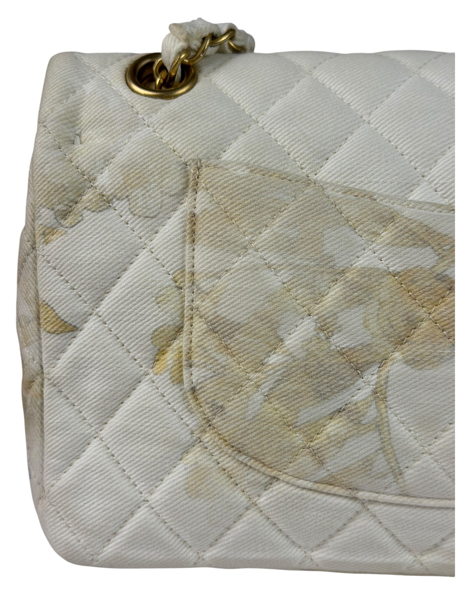 Chanel White Denim/Leather Trim Greek Collection Flower Double Flap Bag 2018