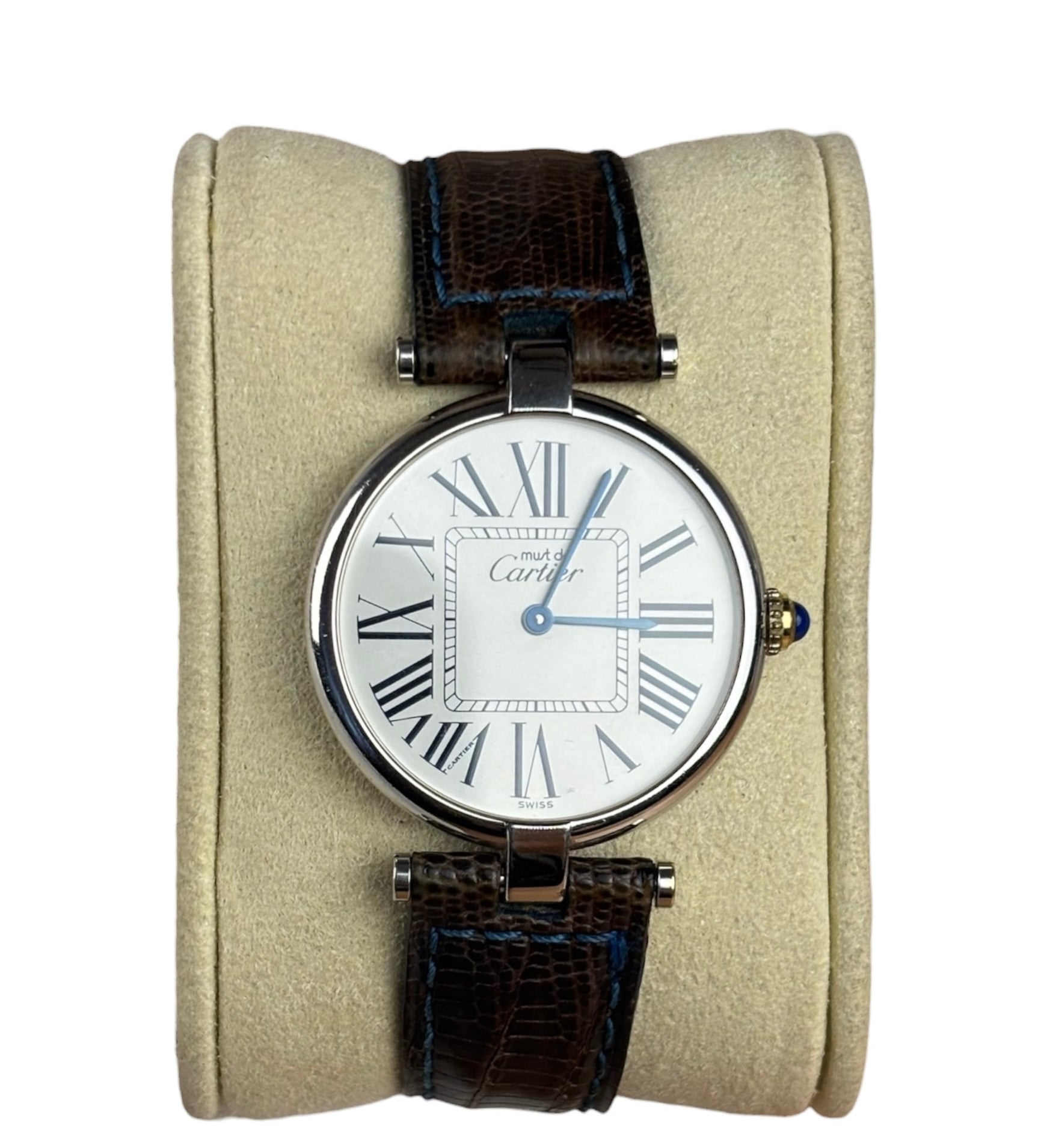 Cartier Must De Round Silver Roman Dial Blue/Brown Band