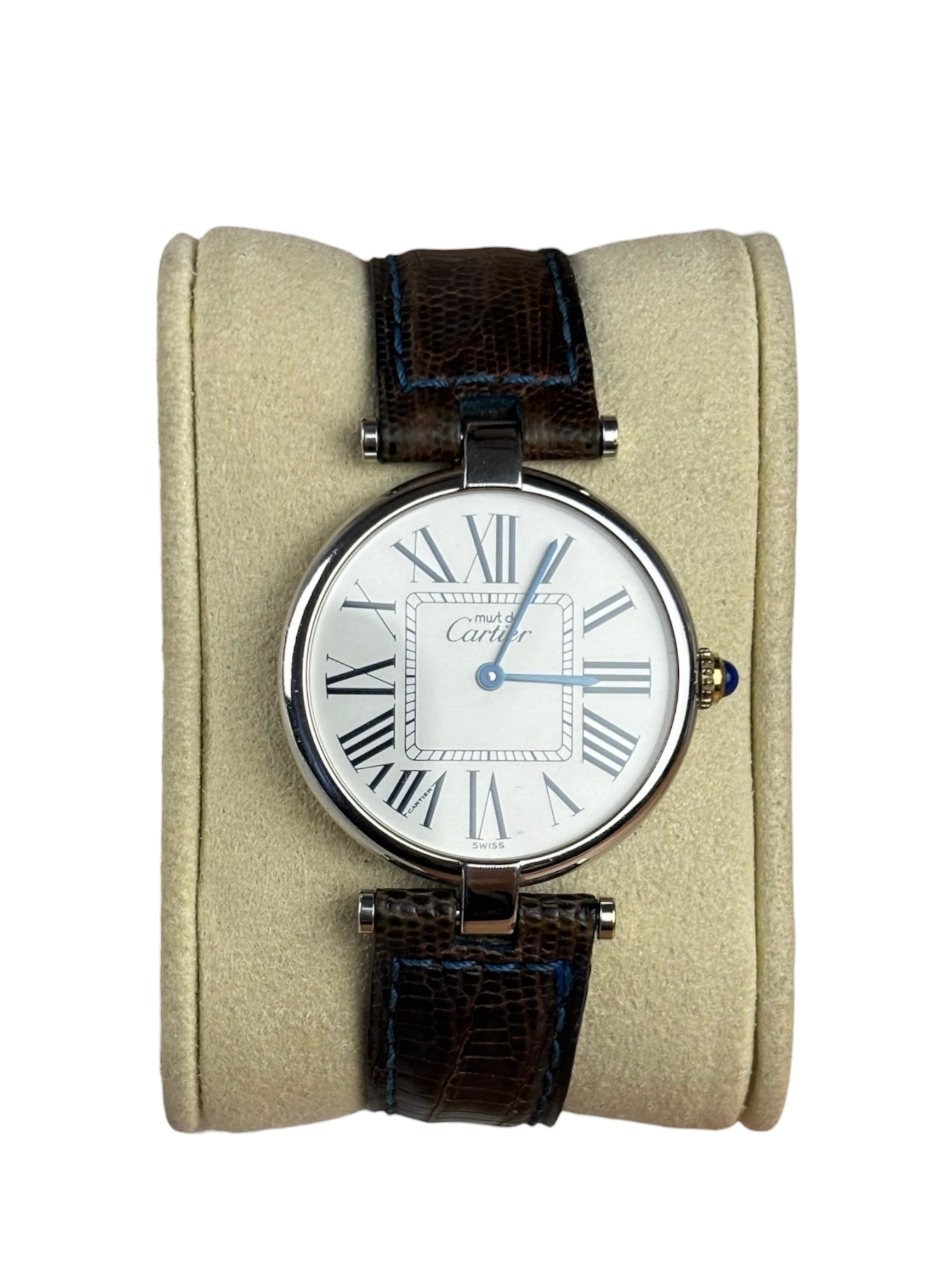 Cartier Must De Round Silver Roman Dial Blue/Brown Band