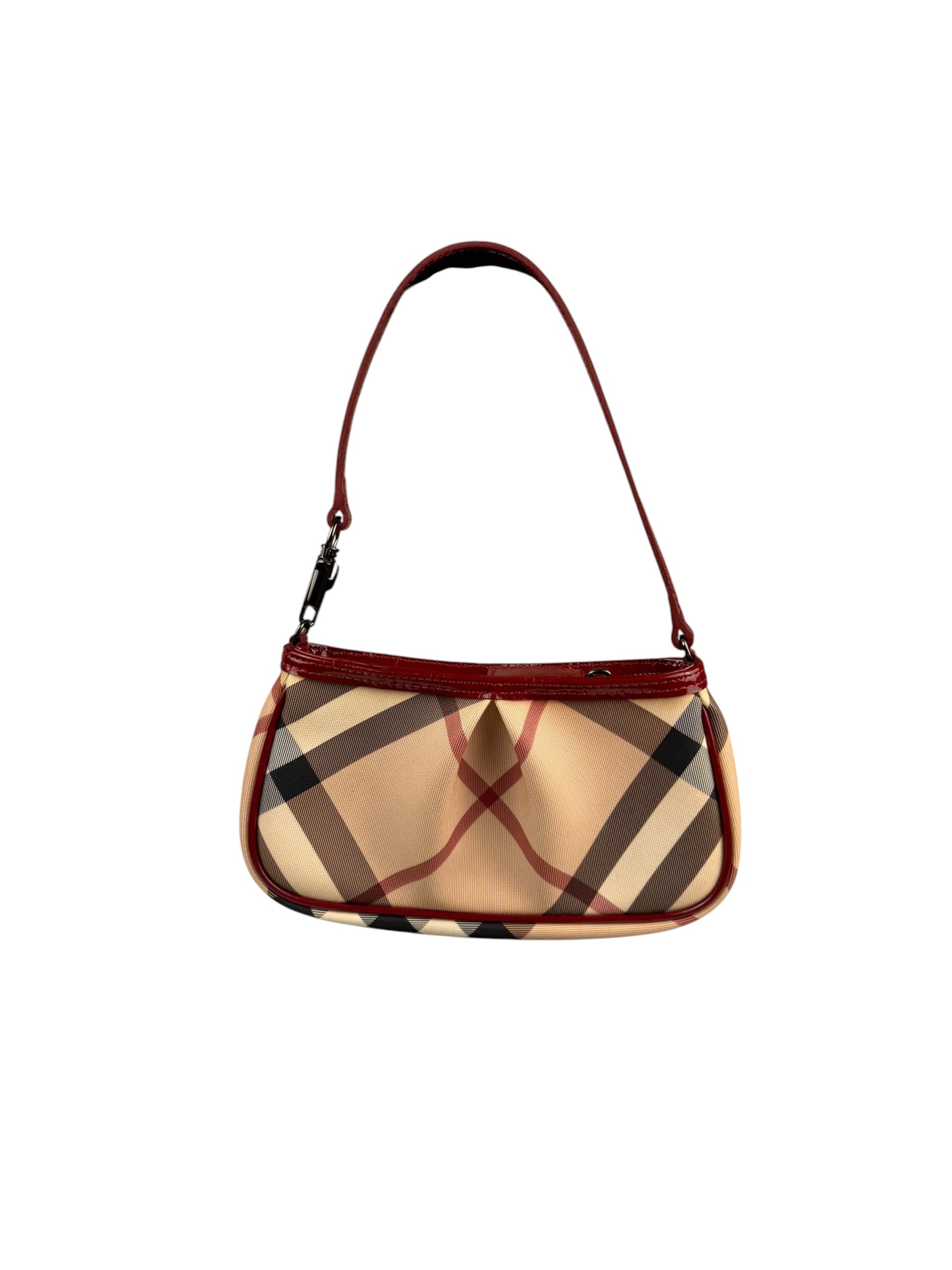 Burberry Red Patent Leather Trim Super Nova Check Pochette