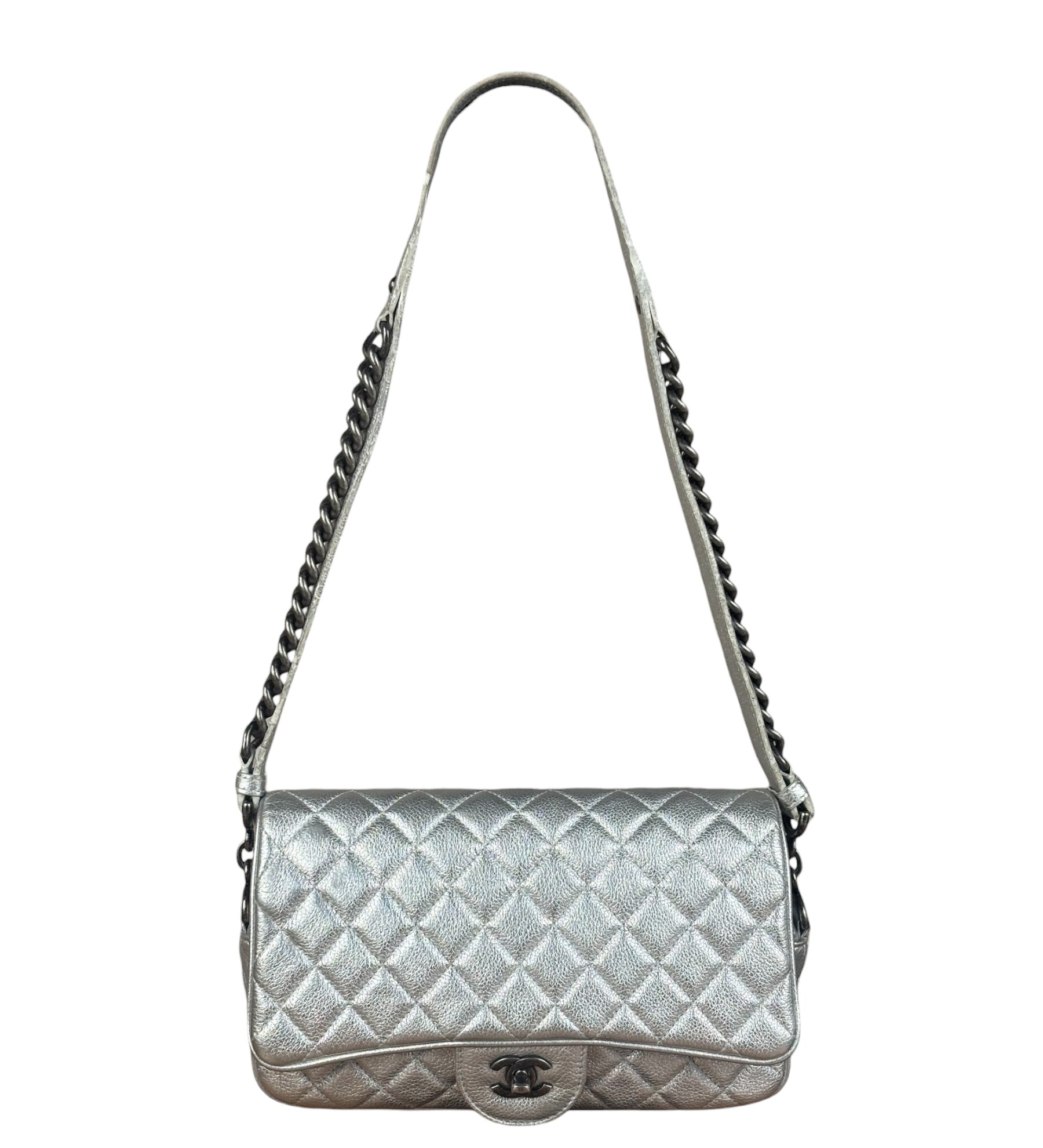 Chanel CC Silver Metallic Quilted Flap Shoulder Bag 2017