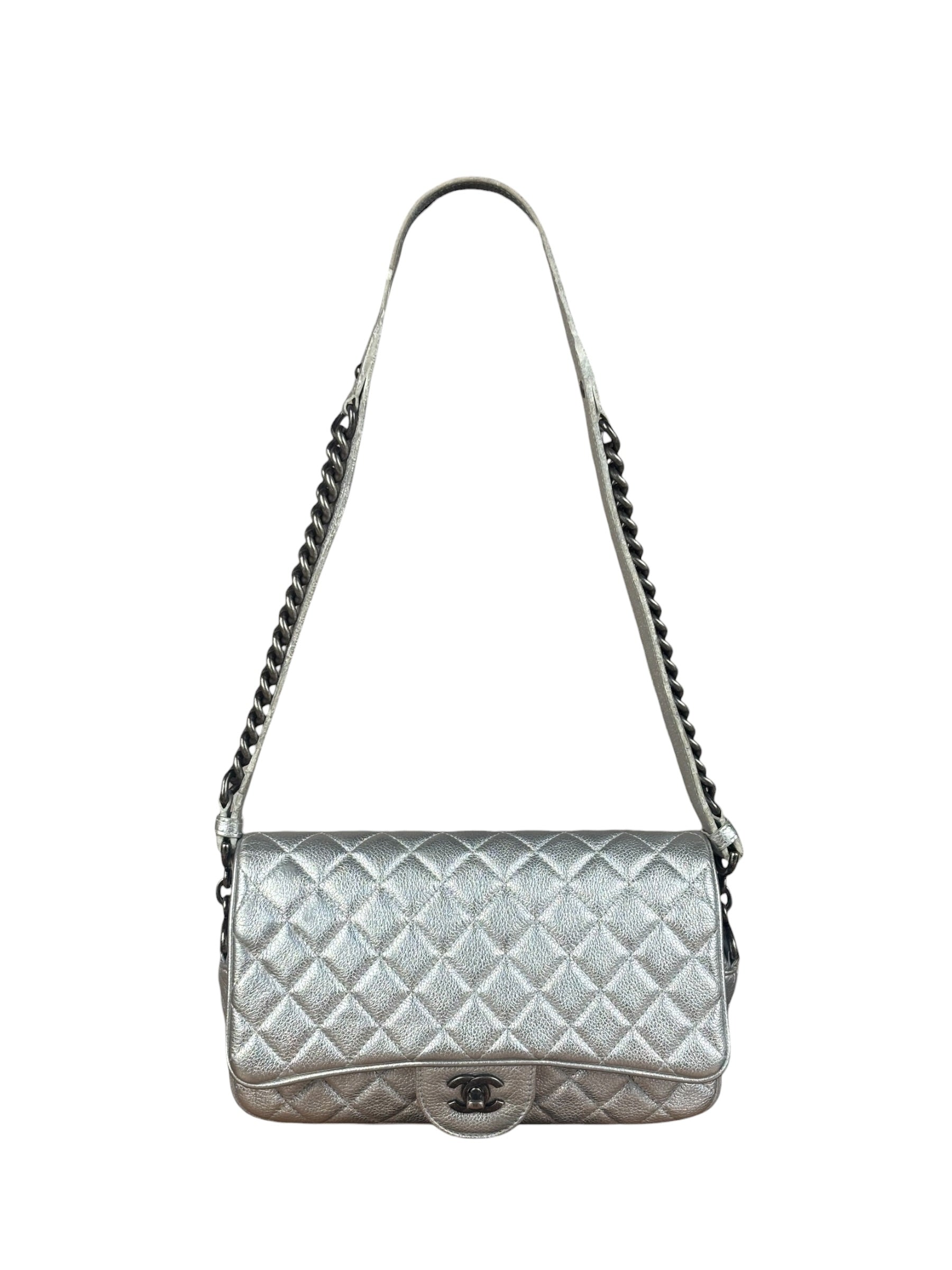 Chanel CC Silver Metallic Quilted Flap Shoulder Bag 2017