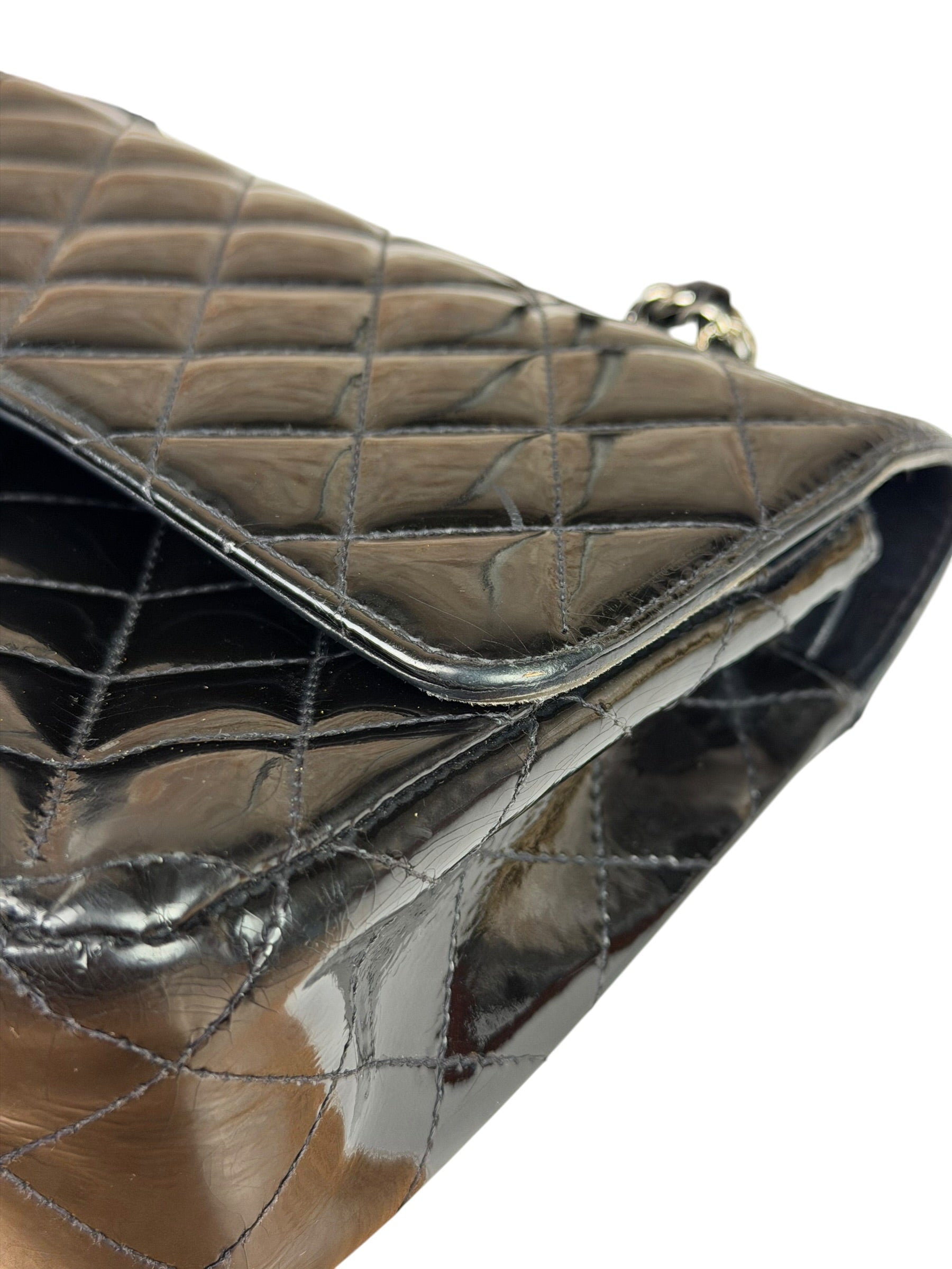 Chanel Black Patent Quilted Leather Double Flap Bag