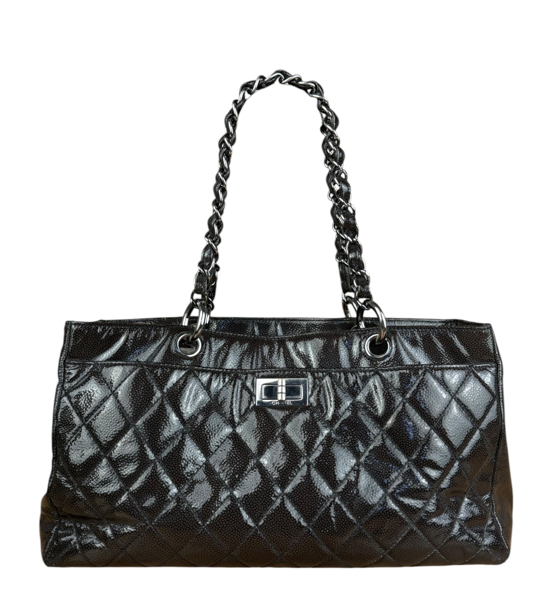 Chanel Black/Grey Textured Patent 2.55 Reissue Chain Tote