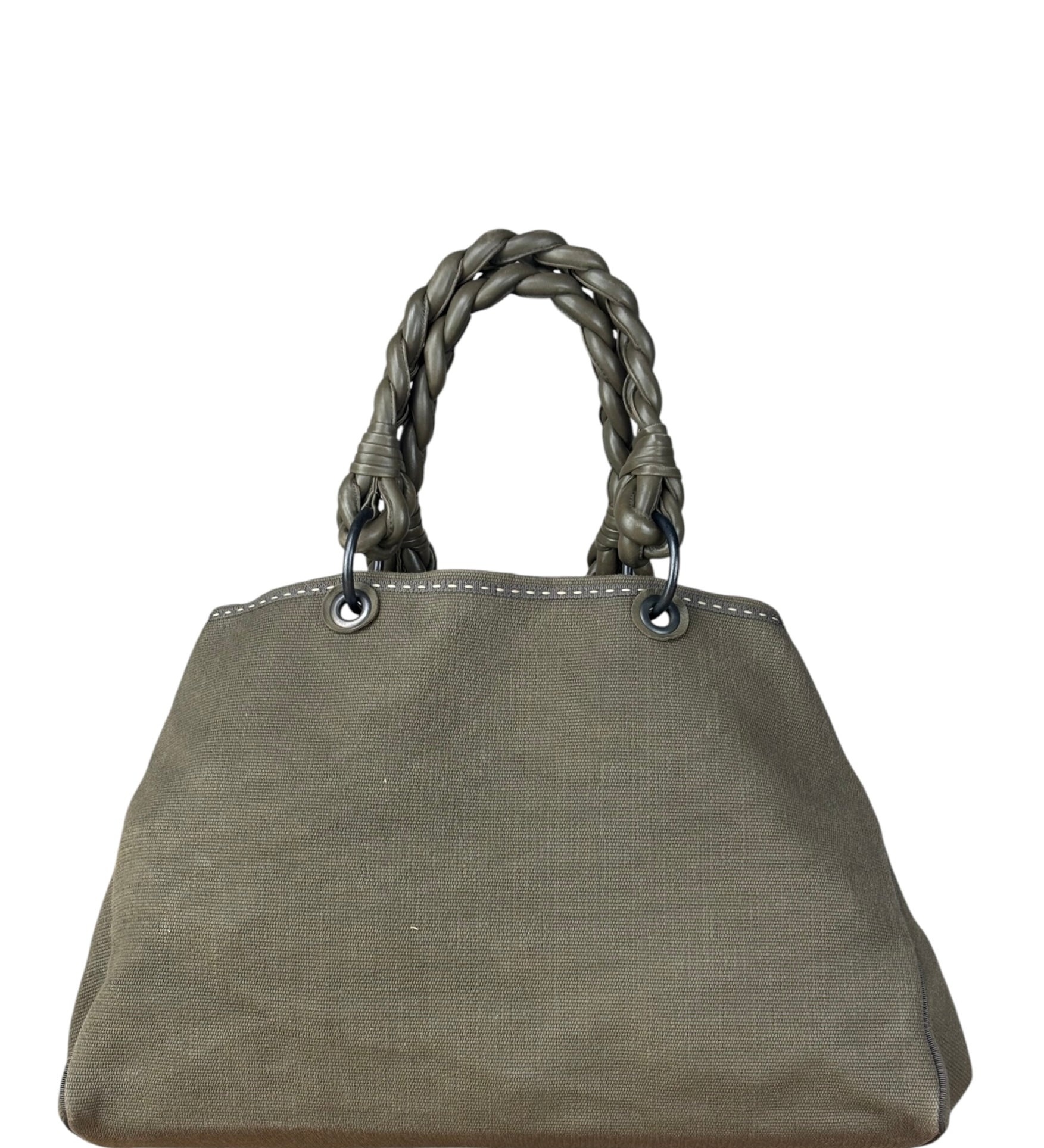 Bottega Venta Vintage Olive/Brown Canvas Large Shopper Shoulder Bag