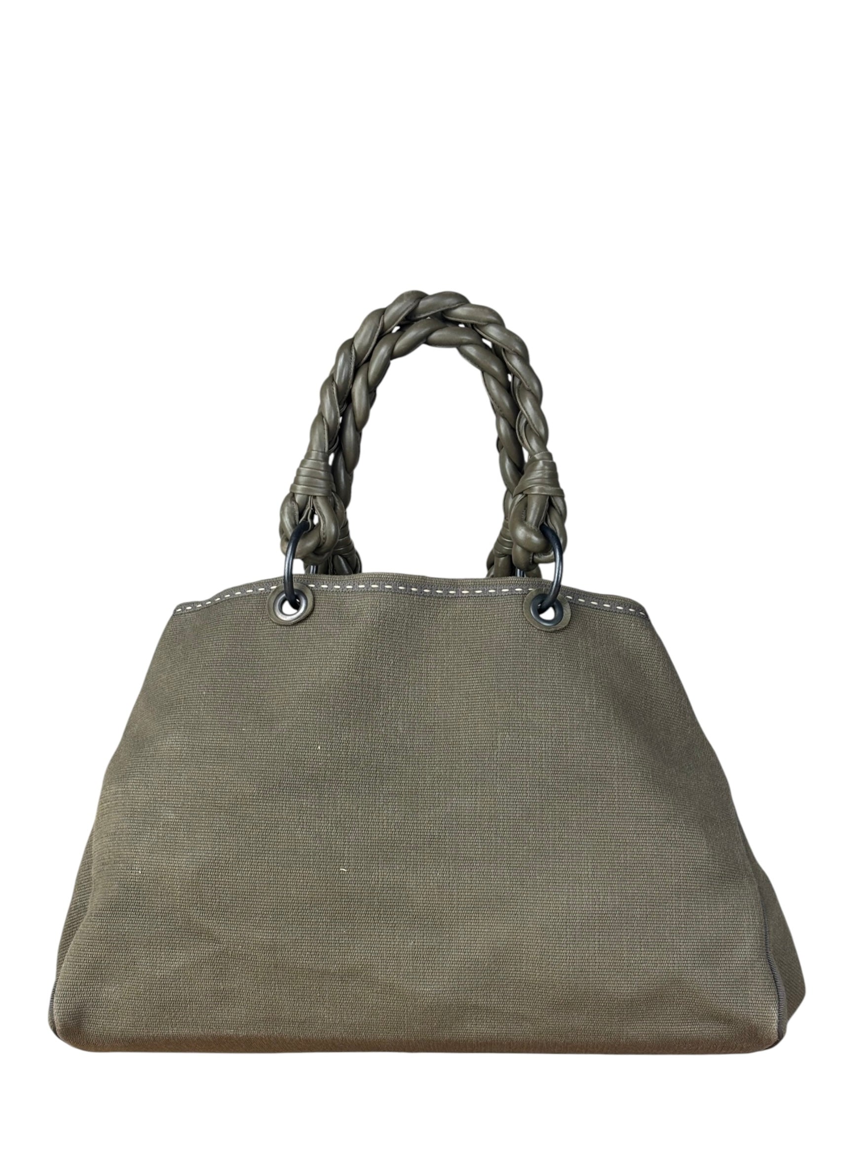 Bottega Venta Vintage Olive/Brown Canvas Large Shopper Shoulder Bag