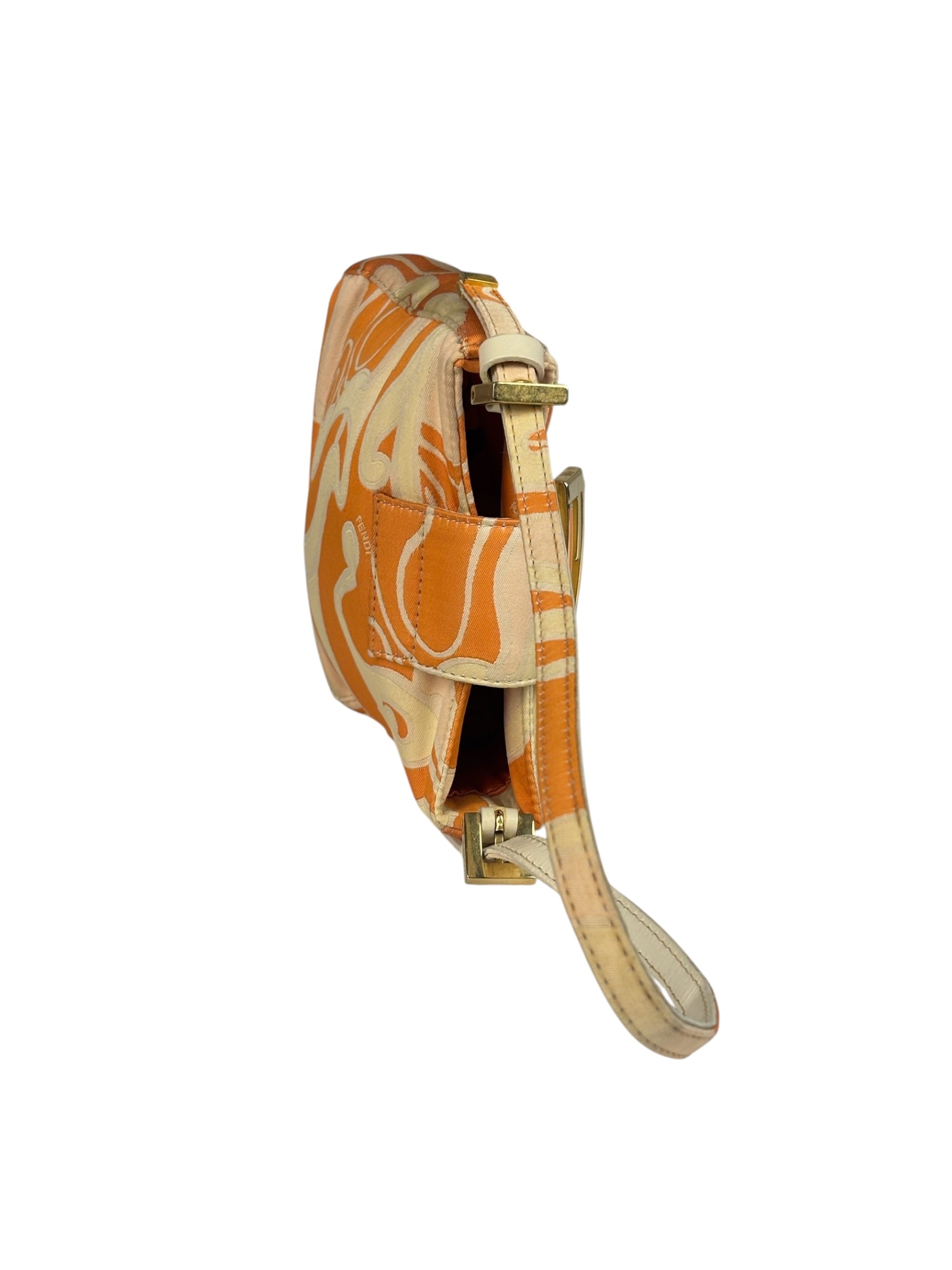 Fendi Orange Leather Trim/Satin Swirl Print Mini Baguette