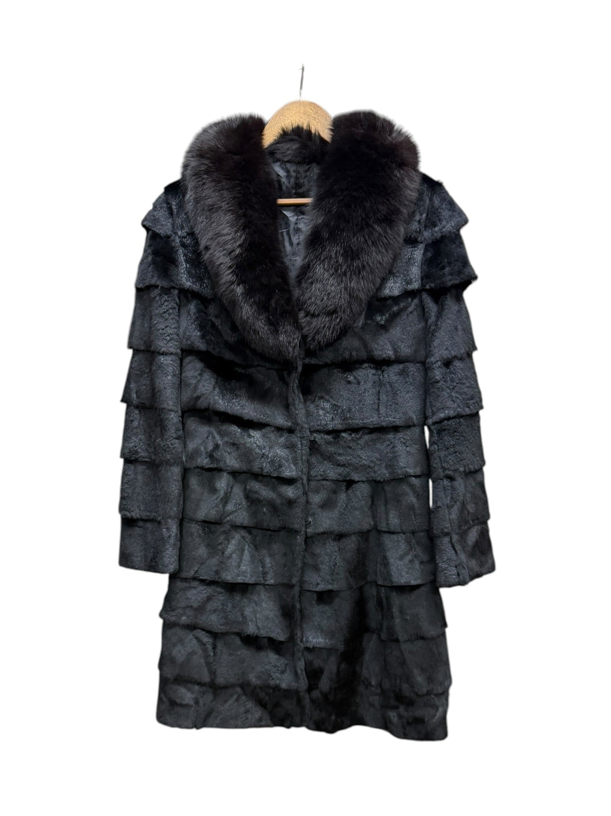 Vintage Black Horizontally-Tiered Beaver/Fox Fur Trim Mid-Length