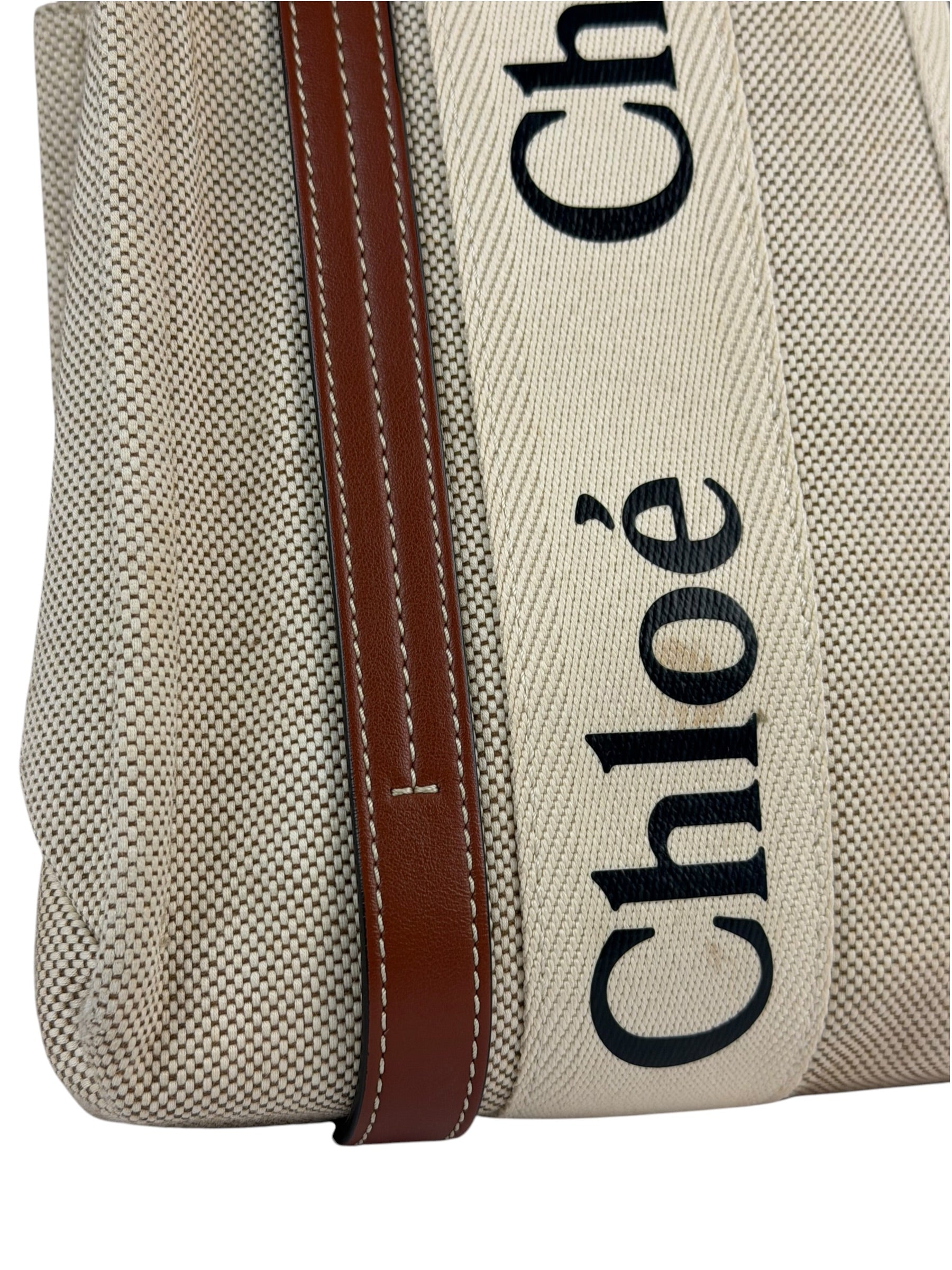 Chloe Brown Leather Trim/Linen Canvas Woody Small Tote