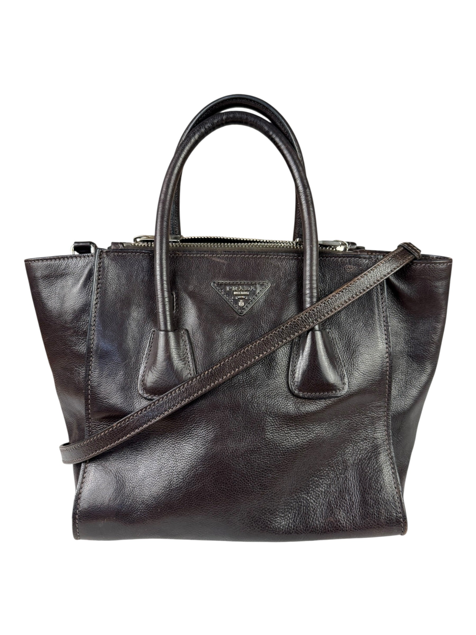 Prada Dark Brown Calf Leather Glace Twin-Pocket Tote