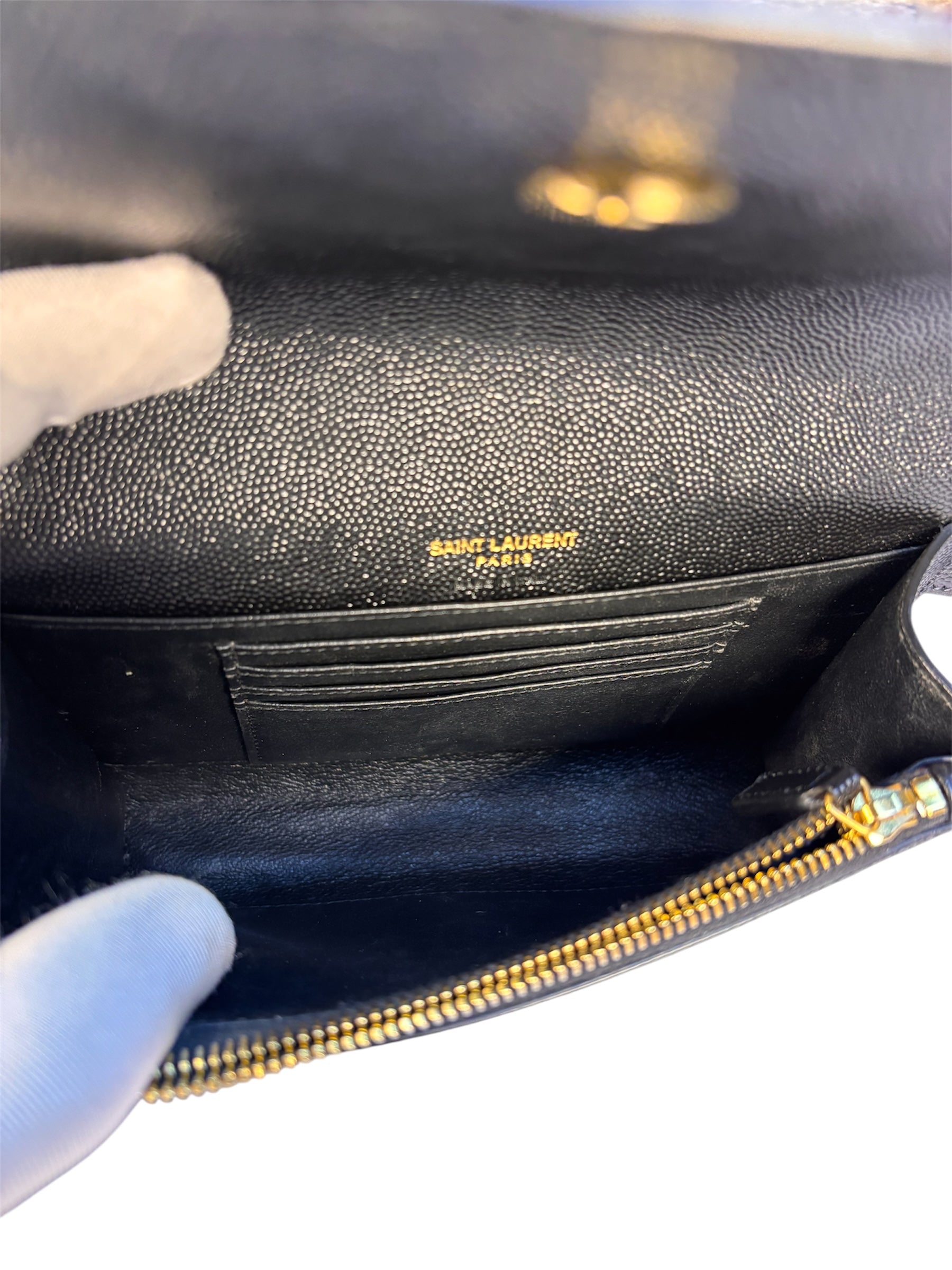 Yves Saint Laurent Black Pebbled Leather Wallet On Chain