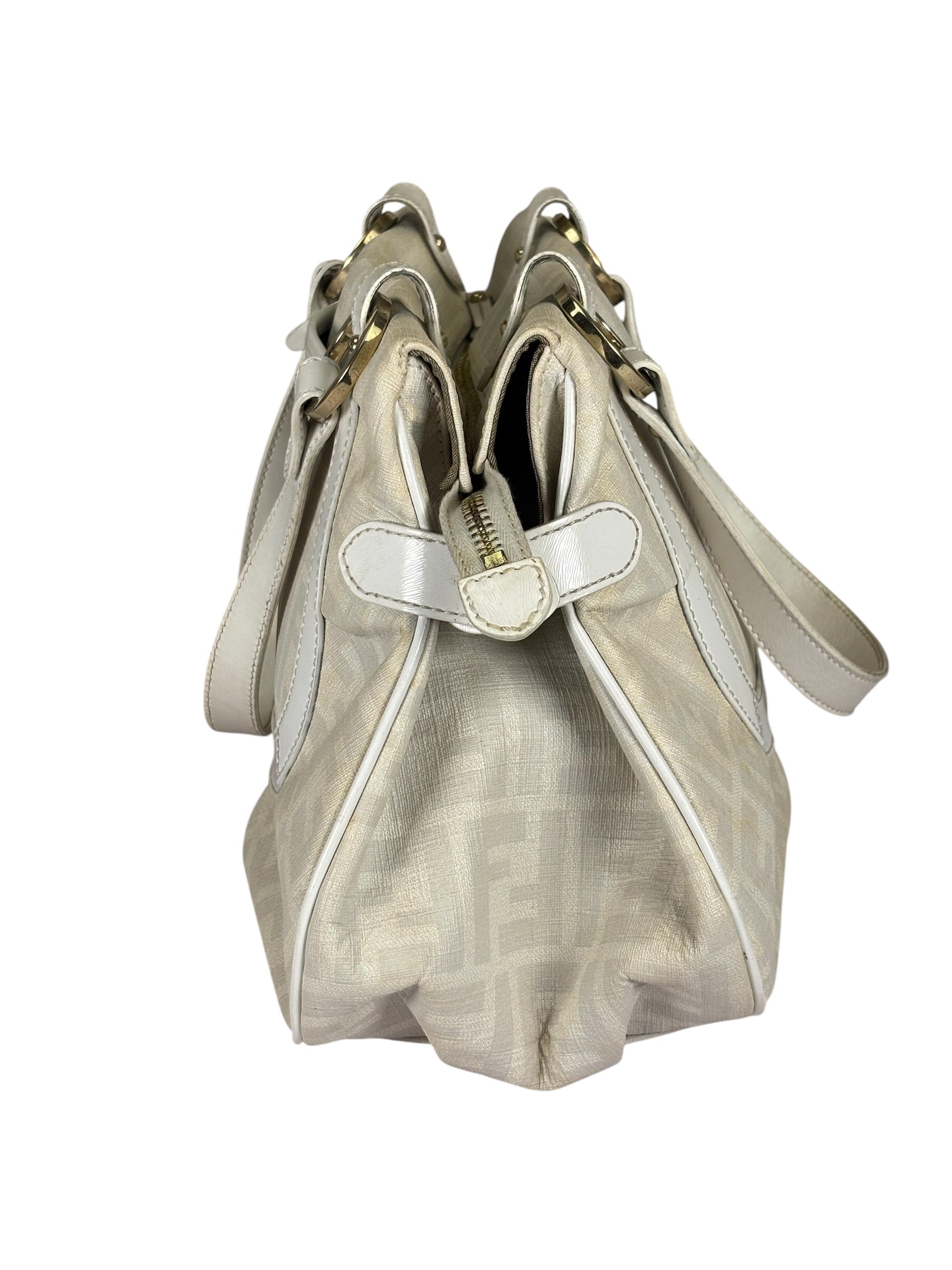 Fendi White Leather PVC Coated Zucca Spalmati Chef Shoulder Bag