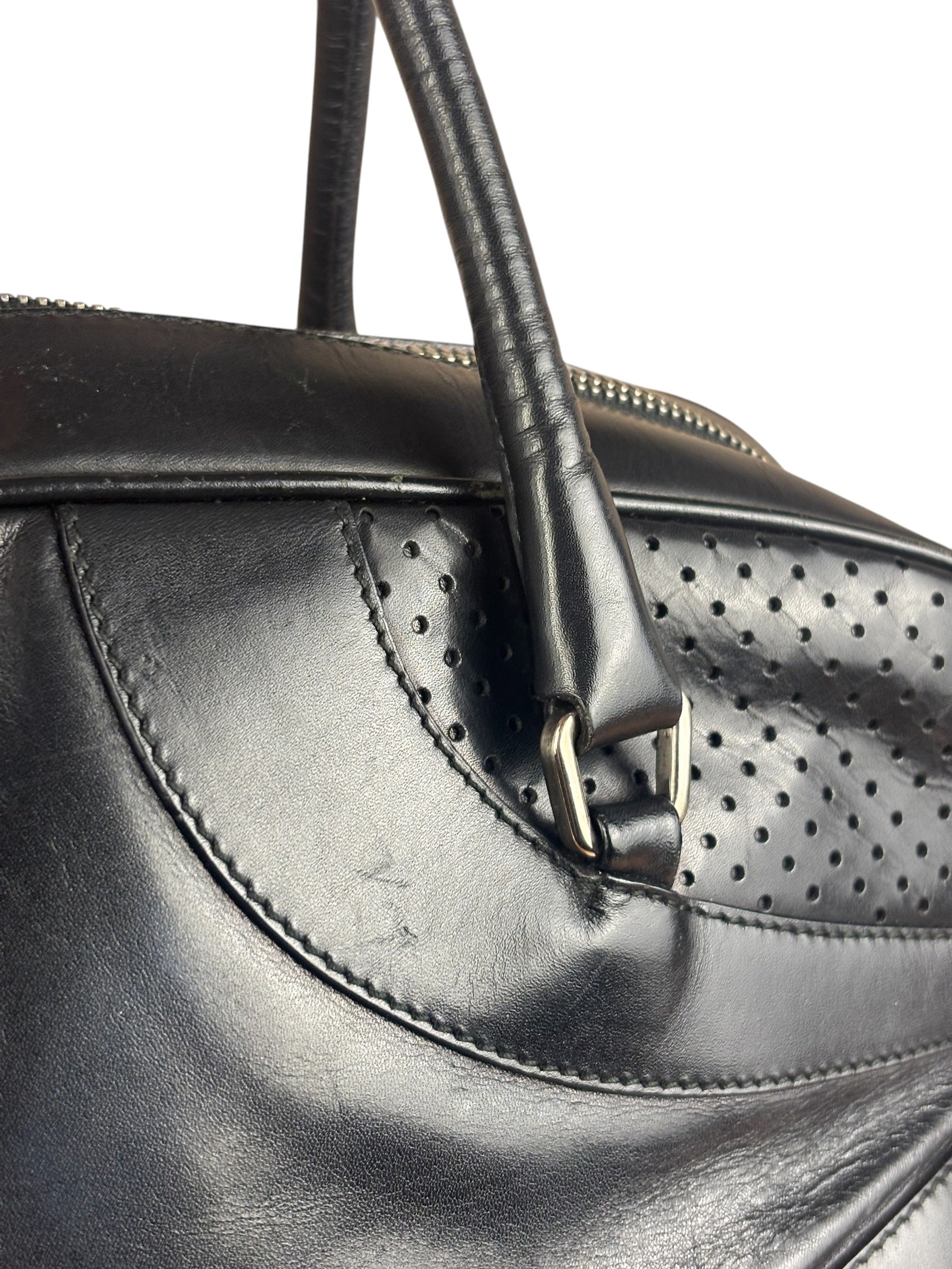 Prada Vintage Black Leather Vitello Drive Perforated Bowling Tote Bag