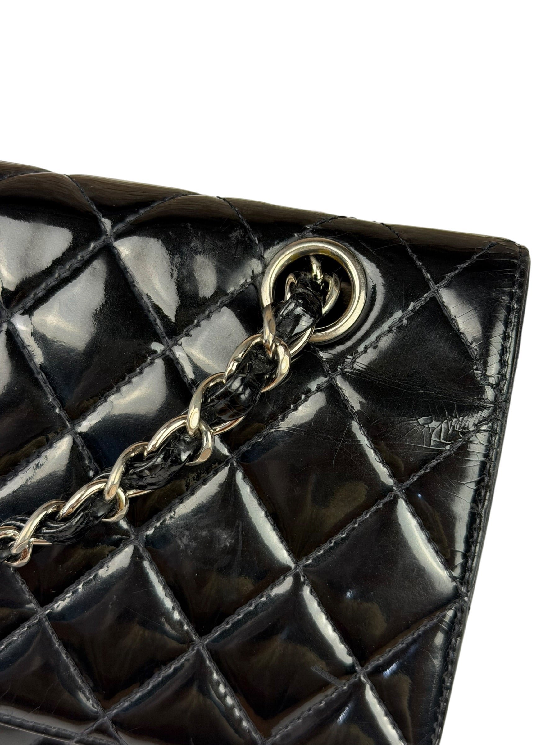 Chanel Black Patent Quilted Leather Double Flap Bag