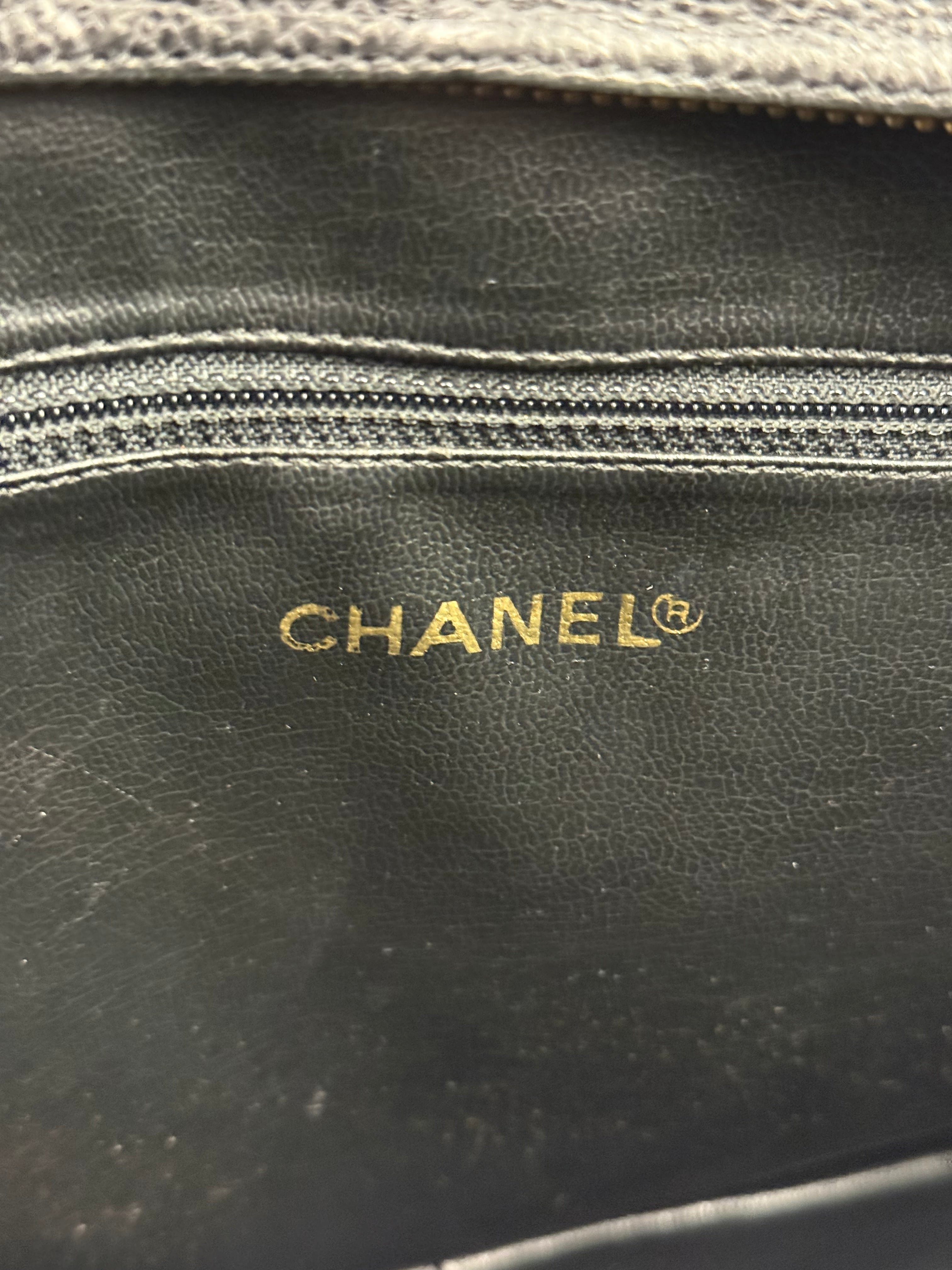 Chanel Vintage Black Caviar Leather Triple CC Chain Tote Bag
