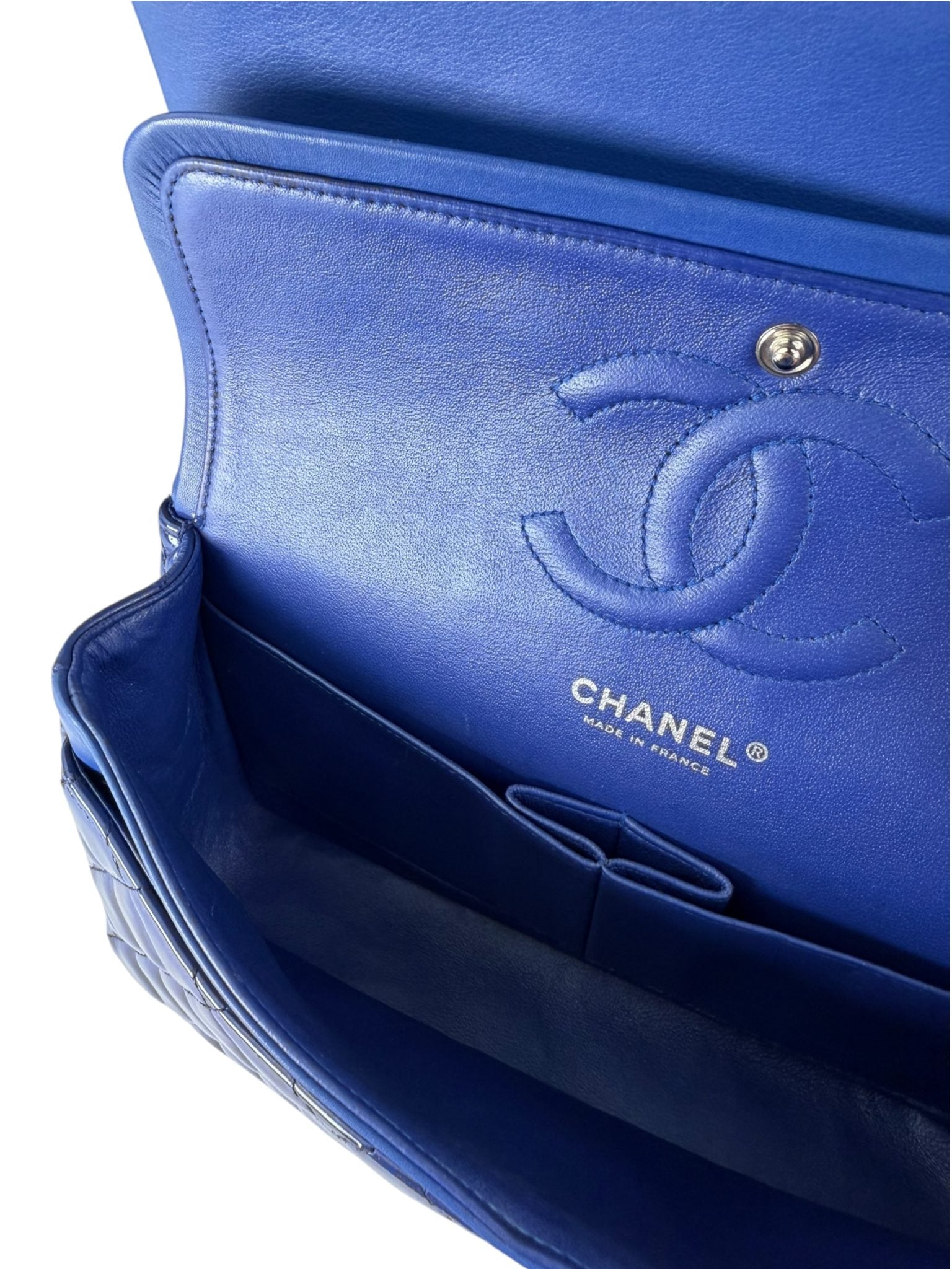 Chanel Shiny Blue Quilted Patent Leather Trim Double Flap Bag 2012