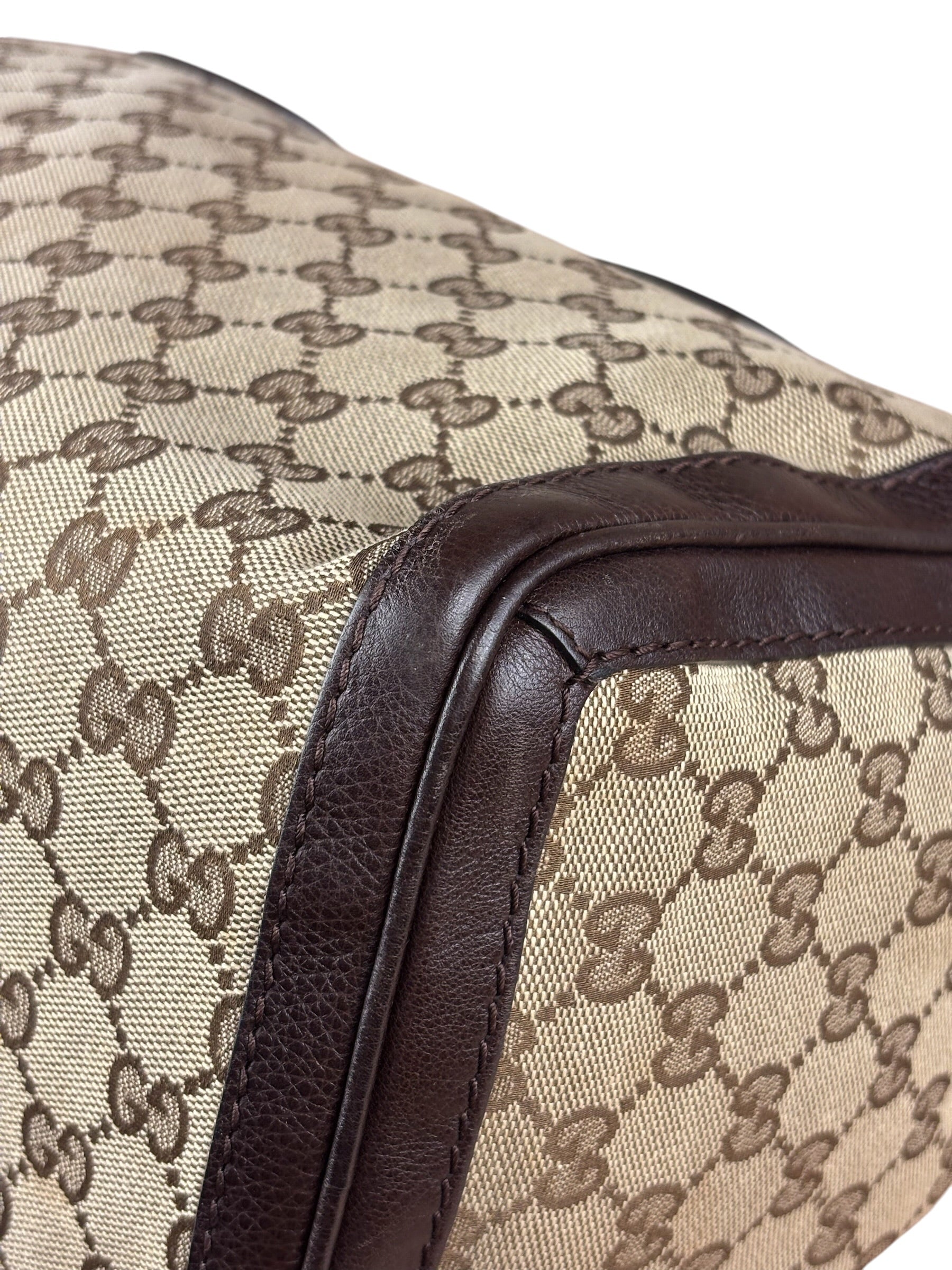 Gucci GG Leather Trim Canvas Techno Boston Handbag