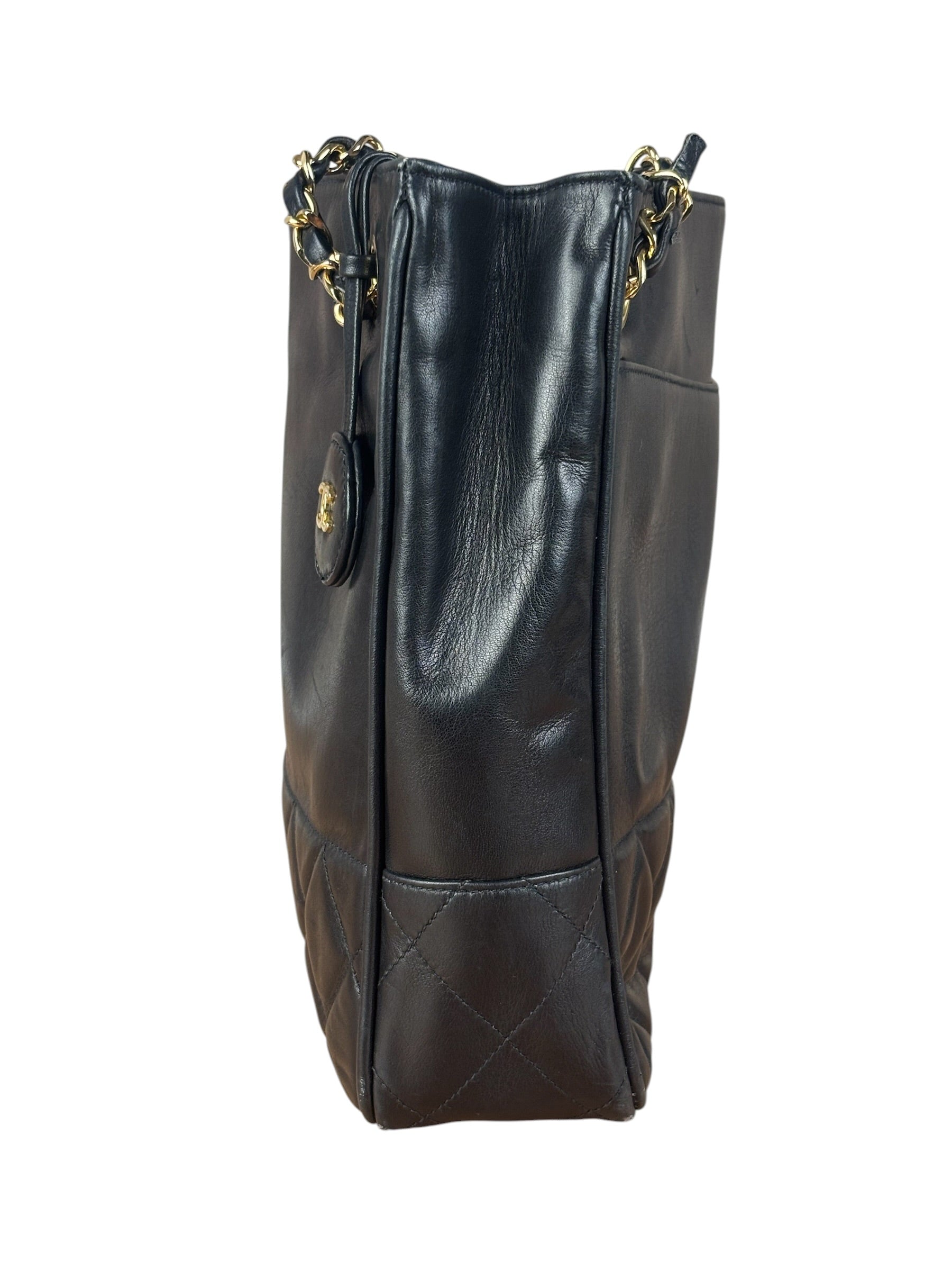 Chanel Vintage Black Leather Quilted Bottom Chain Tote Bag 1987