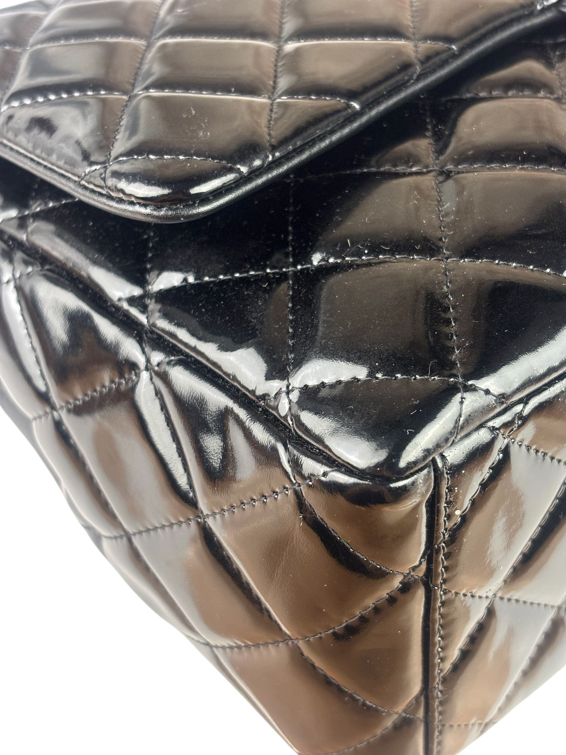 Chanel Black Patent Leather Quilted Leather Double Flap Jumbo Bag 2012
