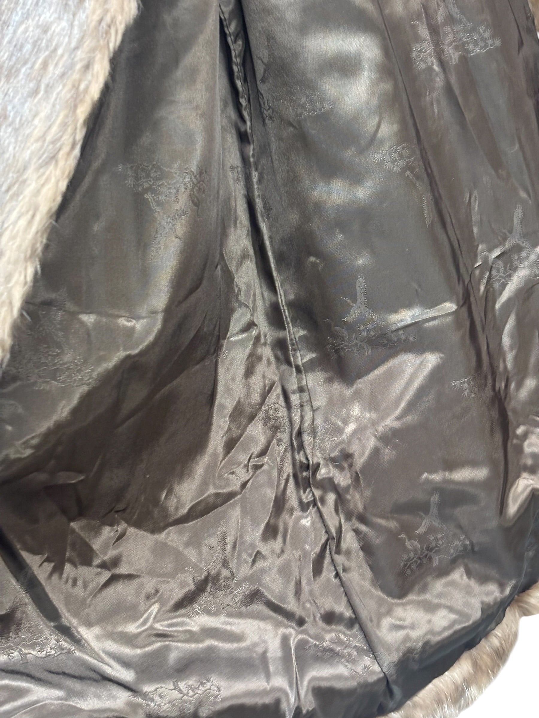 Vintage Brown French Rabbit Fur & Acetate Satin Long Coat