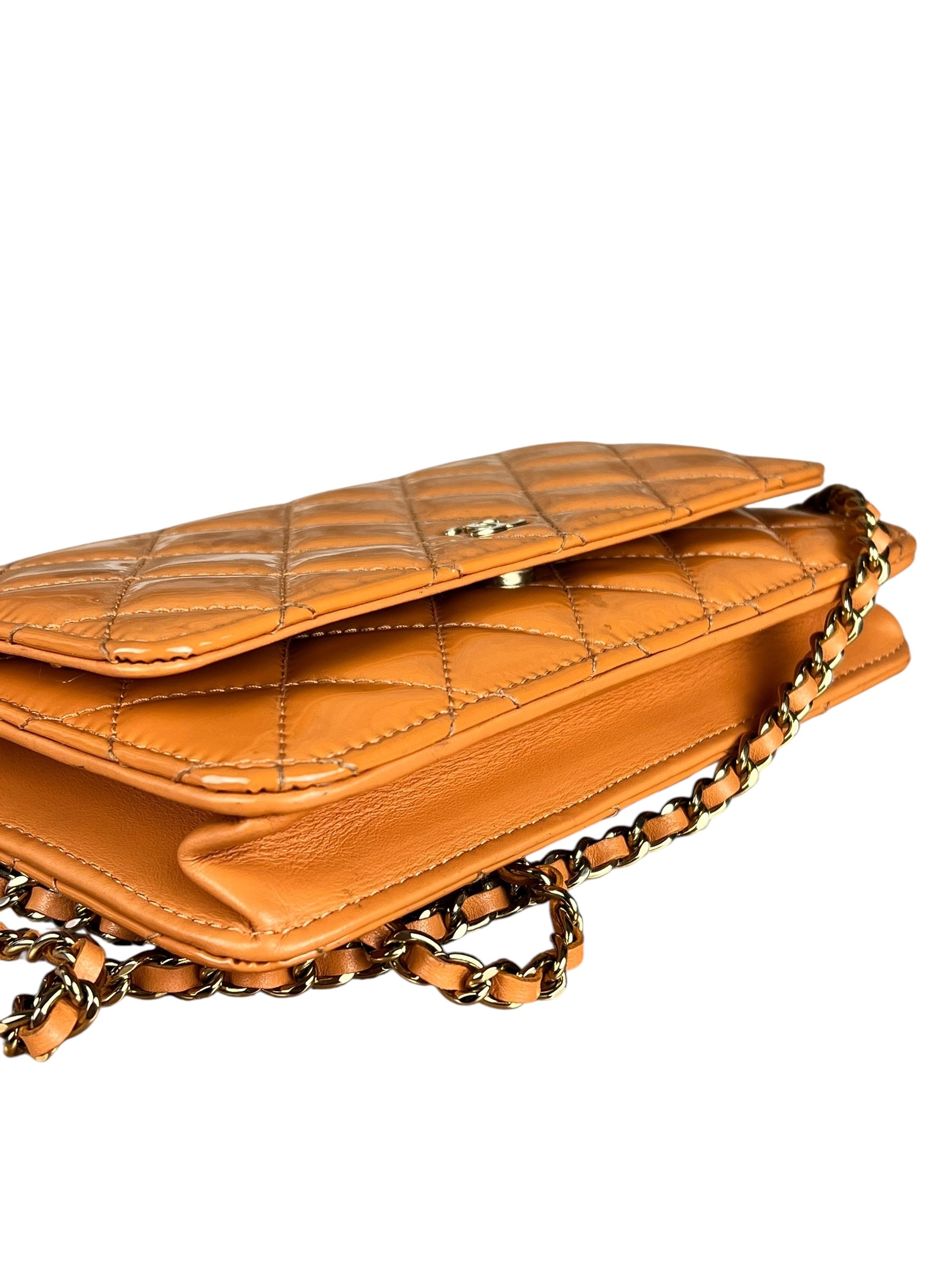 Chanel Orange Patent Leather Flap Wallet on Chain Bag