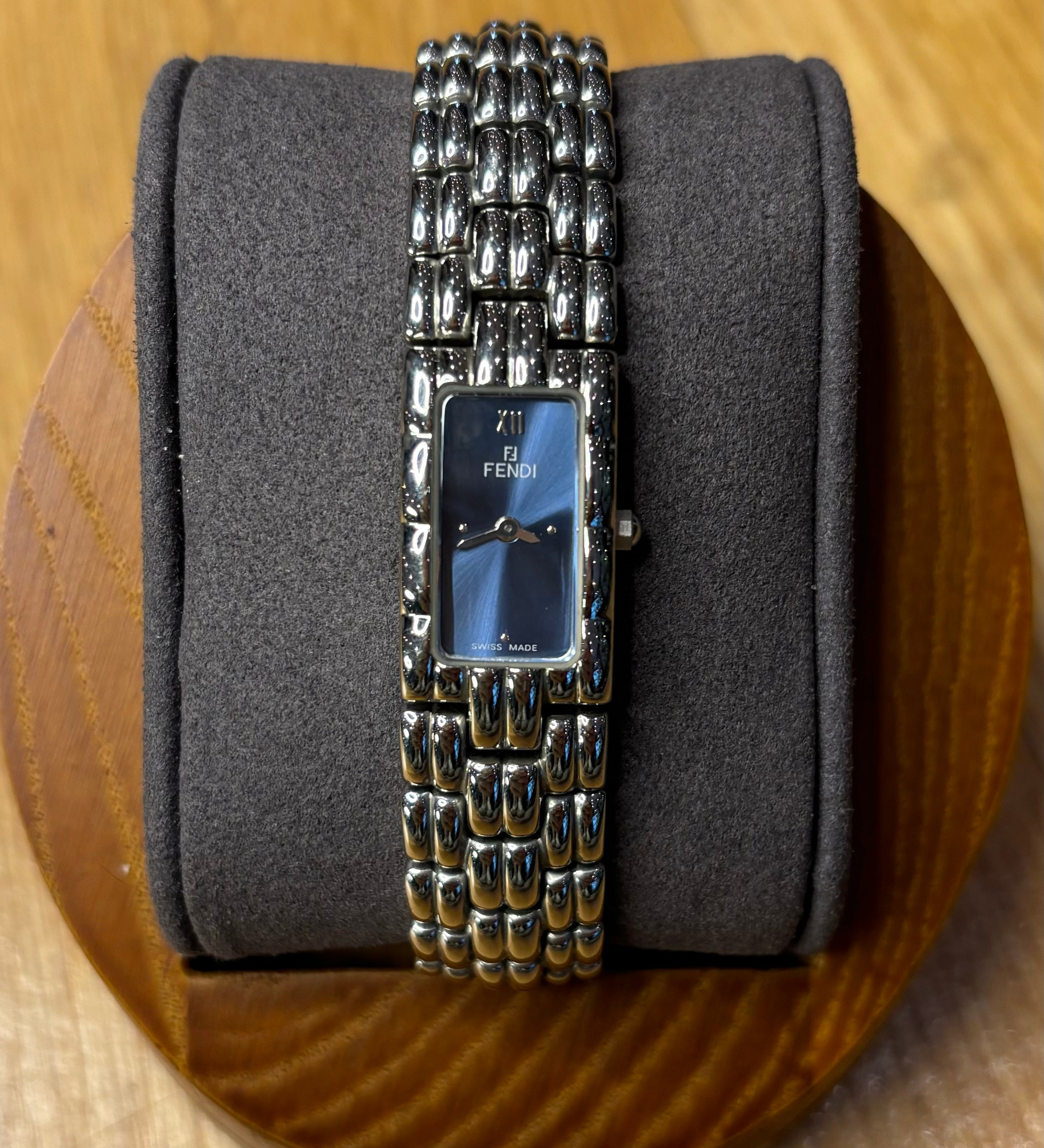 Fendi Navy Blue Rectangular Silver Link Dial
