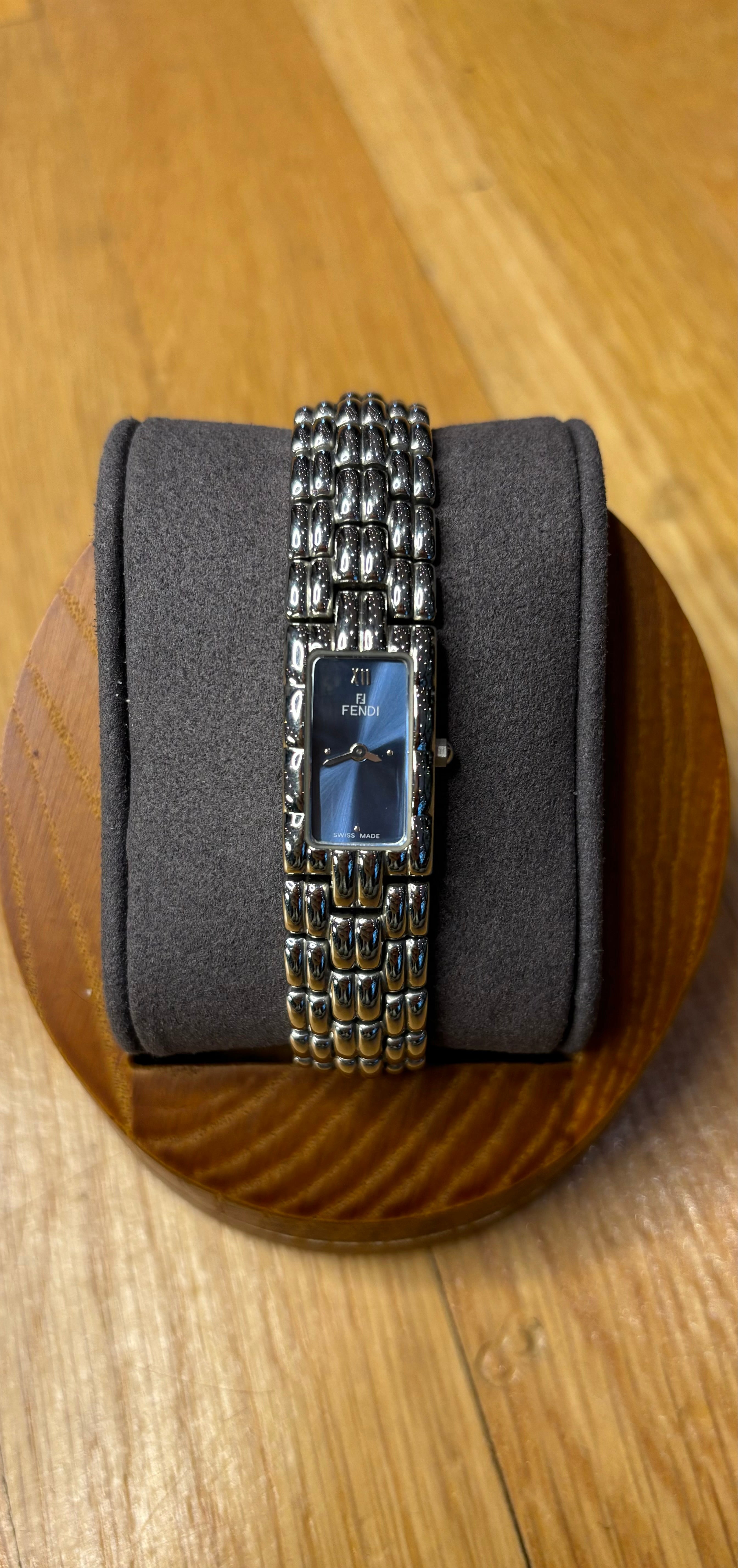 Fendi Navy Blue Rectangular Silver Link Dial
