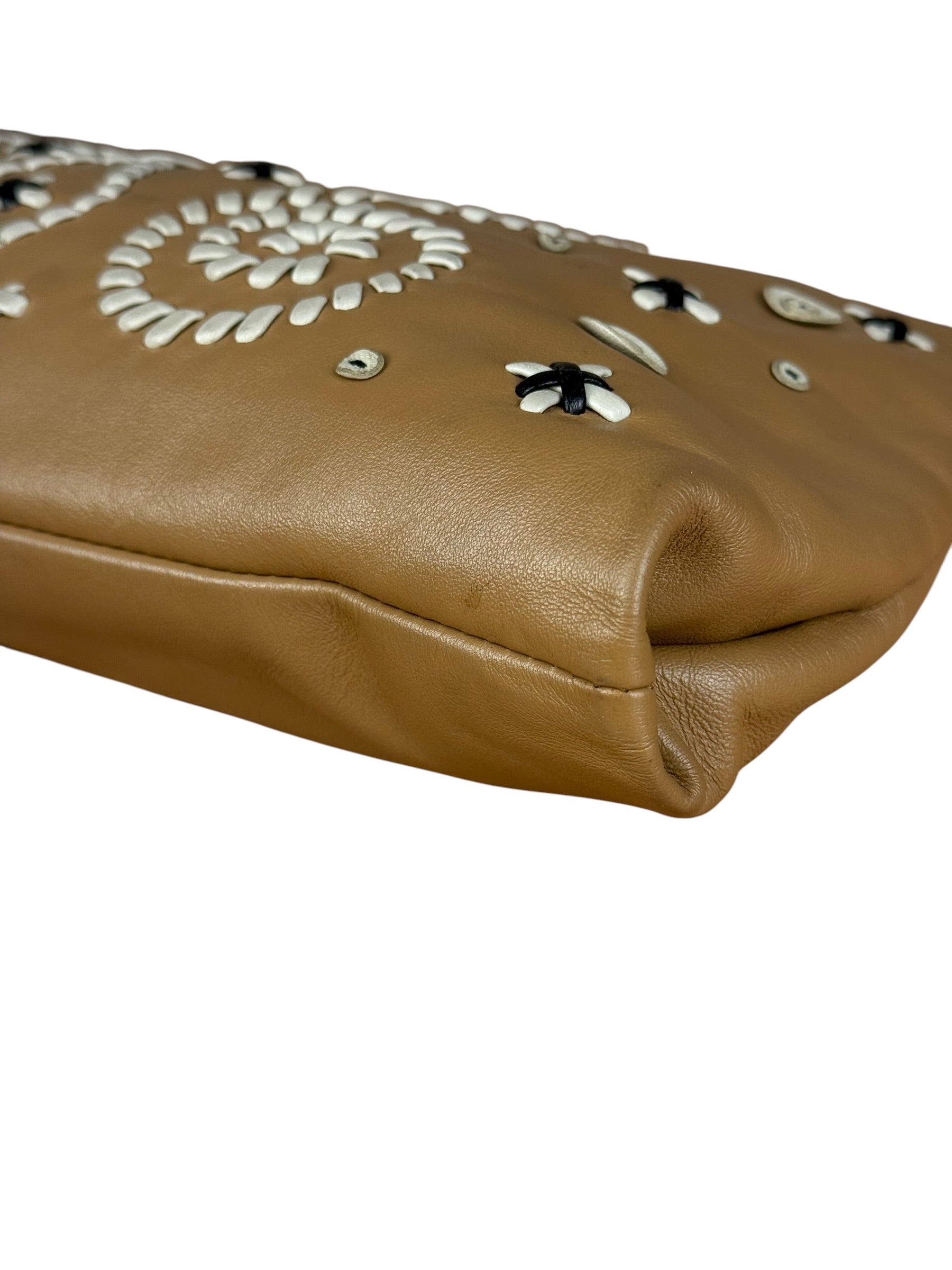 Prada Vintage Camel Leather Embroidery Clutch
