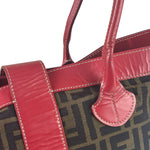 Fendi Beige/Red Leather Trim Zucca Buckle Tote