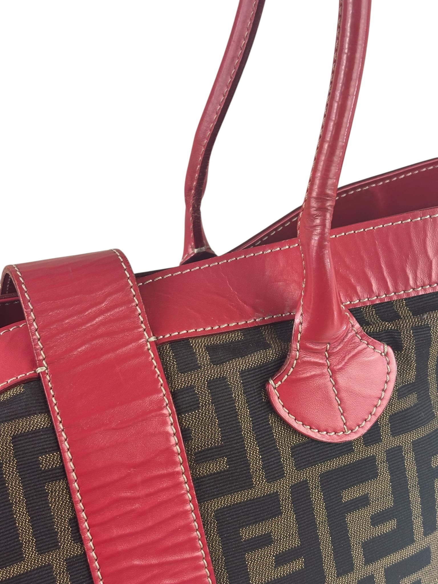 Fendi Beige/Red Leather Trim Zucca Buckle Tote