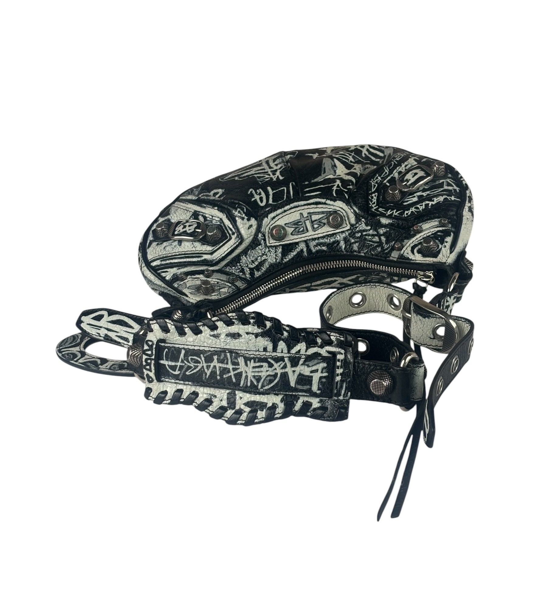 Balenciaga Black/White Leather Le Cagole Graffiti Shoulder Bag