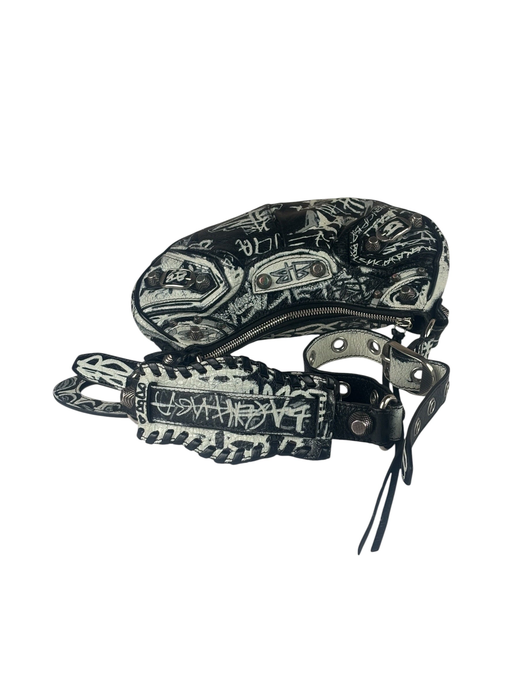 Balenciaga Black/White Leather Le Cagole Graffiti Shoulder Bag