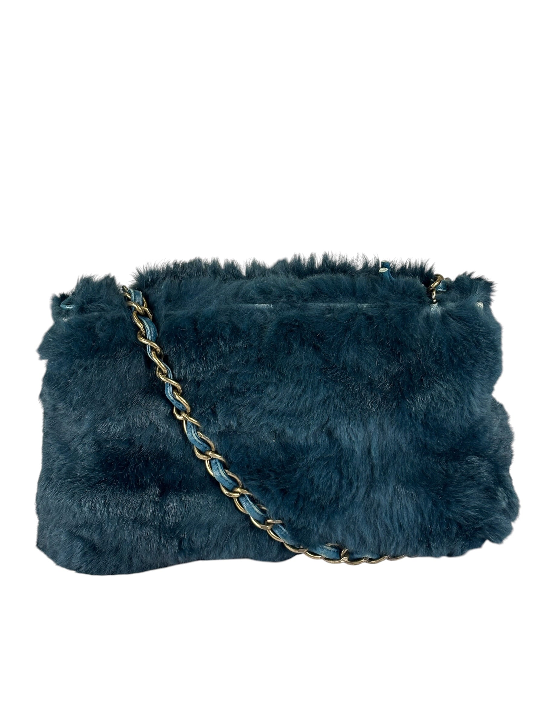 Chanel Dark Green Rabbit Fur/Leather Trim Shoulder Bag 2000