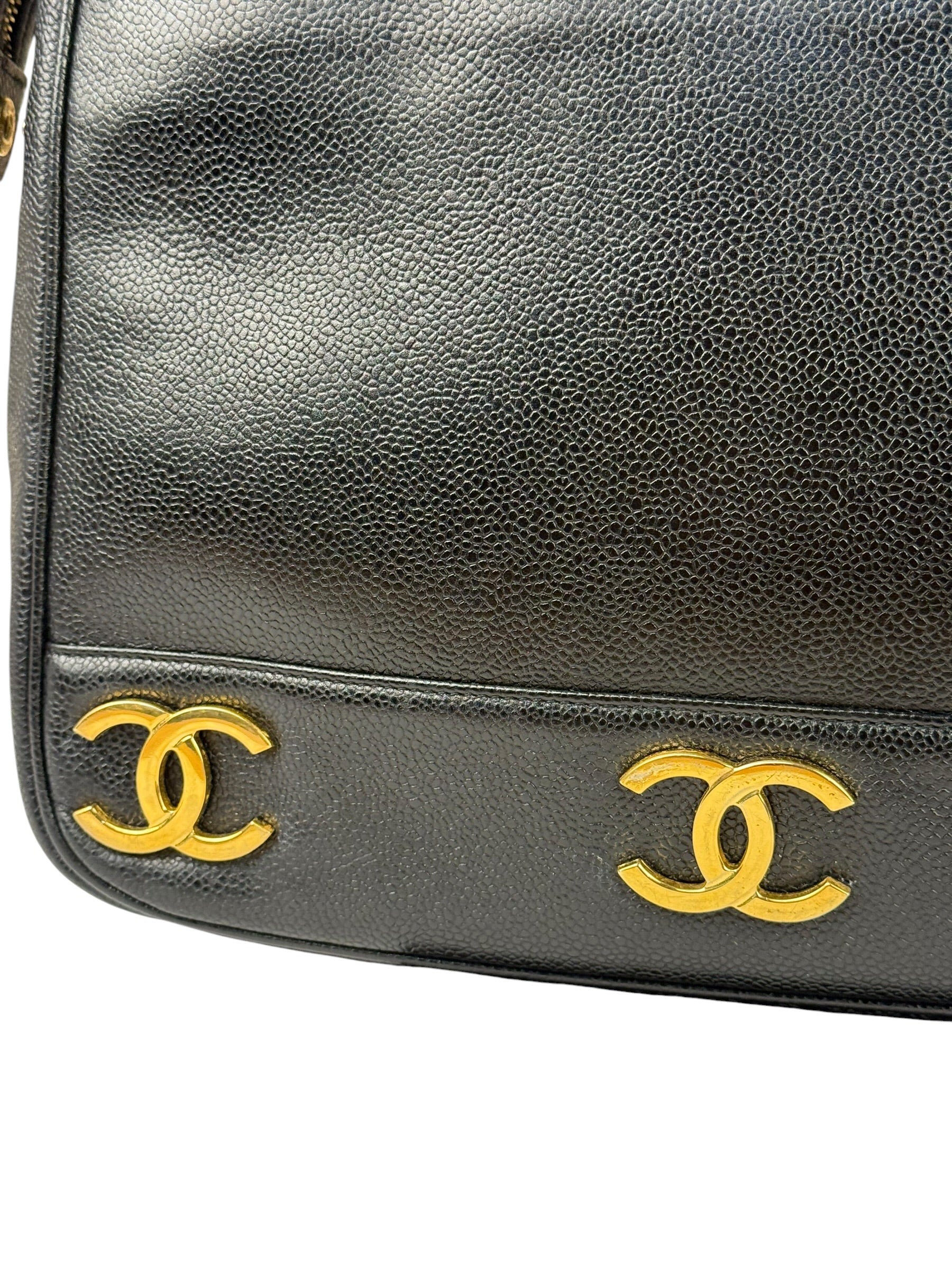 Chanel Vintage Black Caviar Leather Triple CC Chain Tote Bag