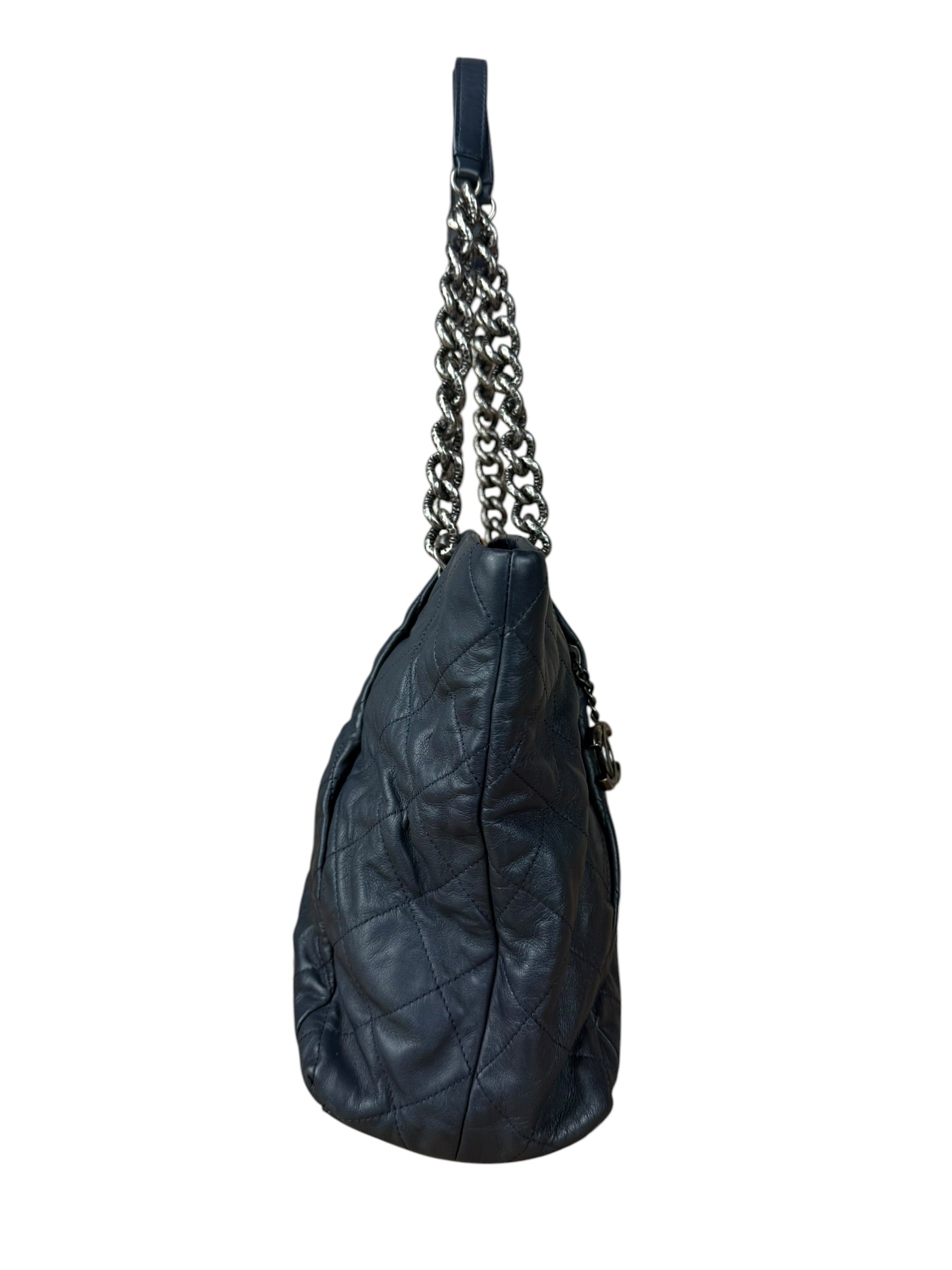 Chanel Dark Navy Quilted Leather Coco Pleats Chain Tote 2012