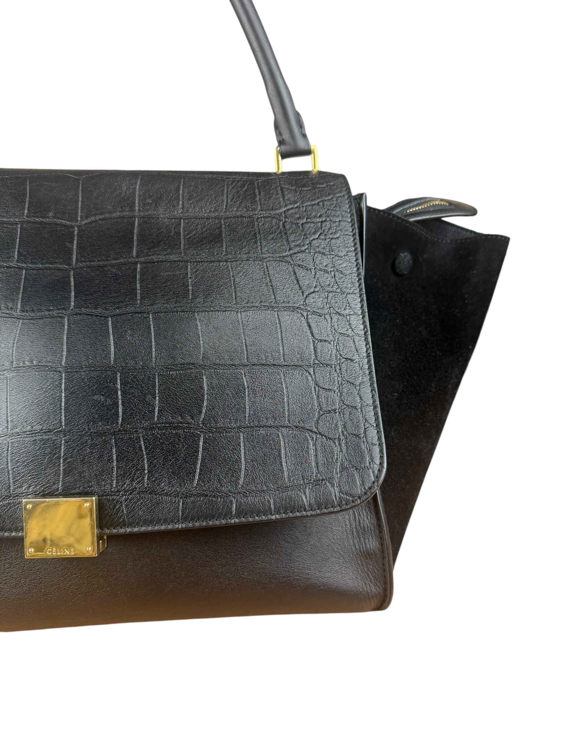 Celine Black Croc- Embossed Leather Trapeze Handbag