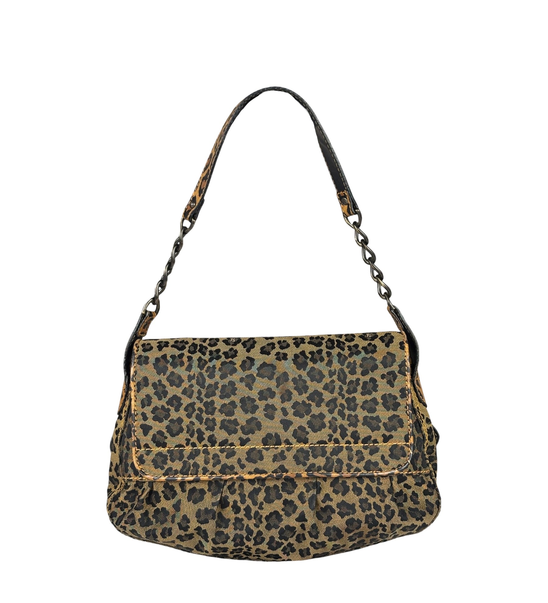 Fendi Brown Leather Trim Leopard Print Buckle Bag